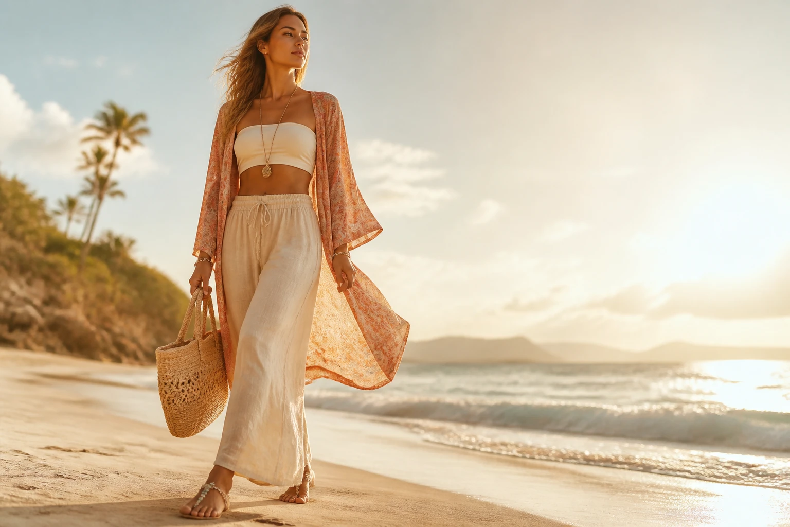 Effortless Coastal Boho Summer Outfits with Linen Pants, Bandeau Tops, Lightweight Kimonos, Barefoot Sandals, and Beachy Accessories for Travel and Exploring — Sun-Washed Style Sparks