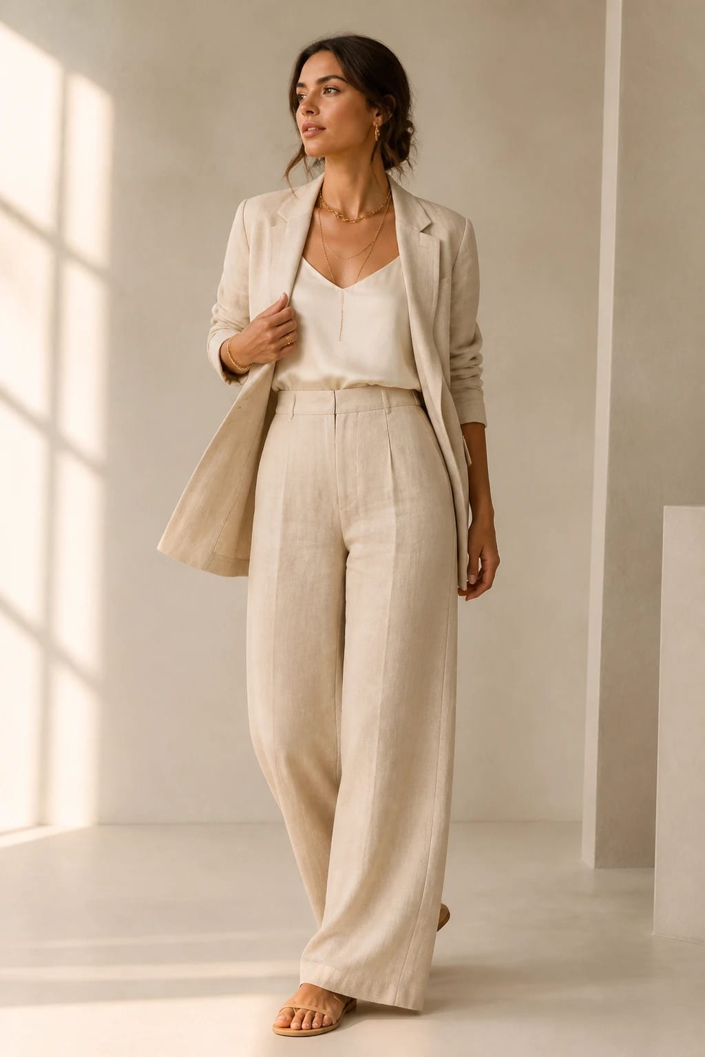 Neutral summer outfits with a beige linen blazer, matching wide-leg trousers, cream camisole, gold necklace, and sand leather sandals