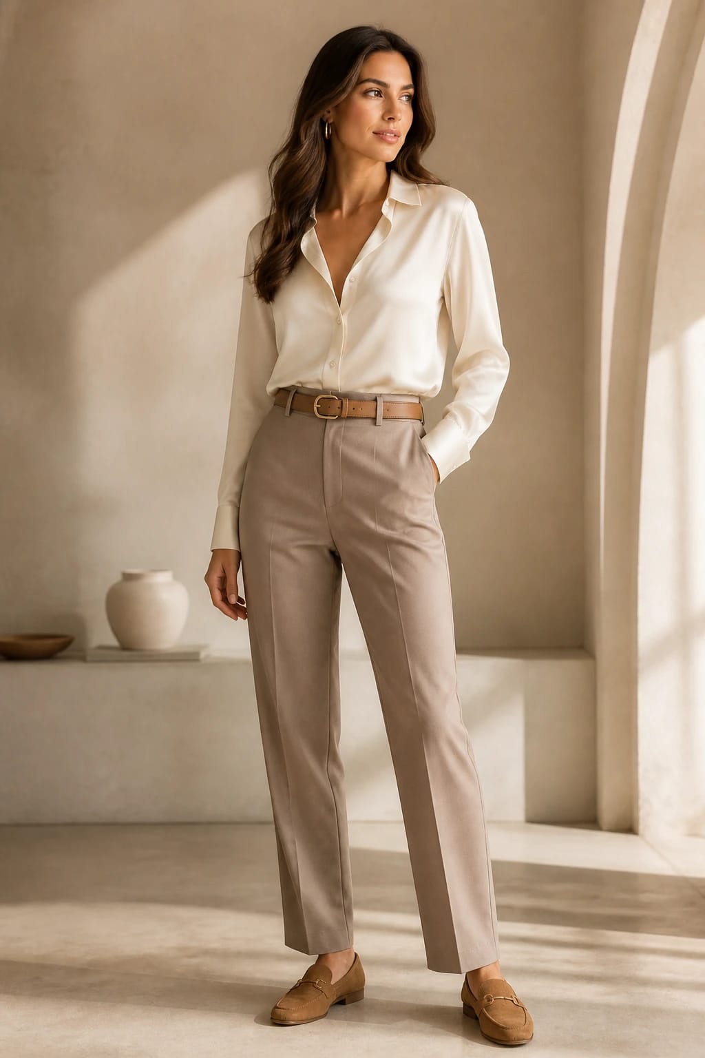 Neutral summer outfit with a cream satin blouse, taupe straight-leg trousers, thin gold hoops, tan belt, and camel loafers