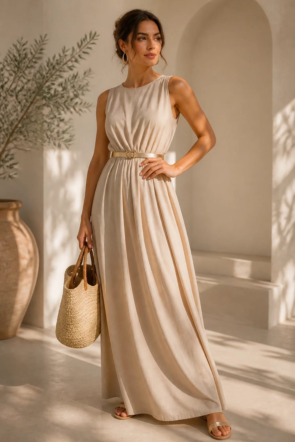 Neutral summer outfit with a sand-colored maxi dress, gold slim belt, white-gold hoop earrings, beige flat sandals, and a natural straw tote