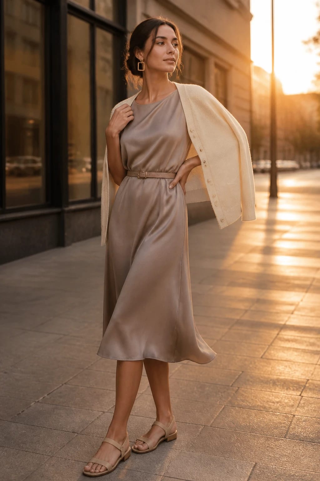 Elegant taupe midi dress outfit complete with cream cardigan, small-heel sandals, and gold geometric earrings ready for sunset to street moments.