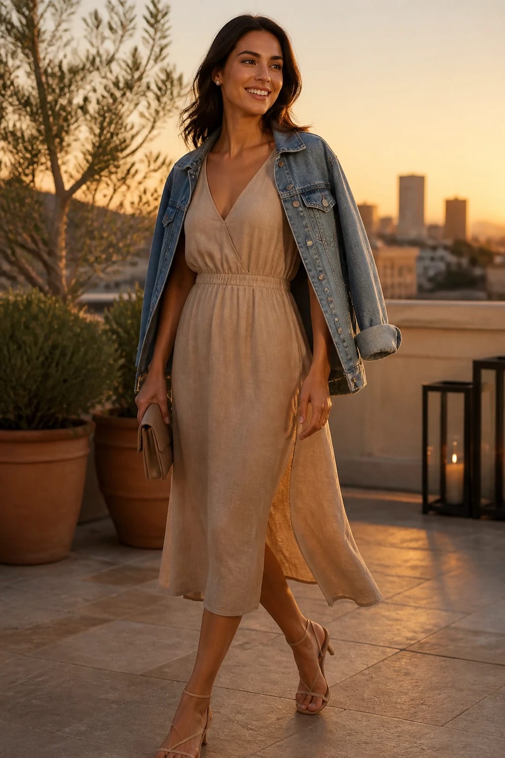 Model in a relaxed sand linen-blend dress with a lightweight denim jacket and strappy sandals for breathable day to night comfort.