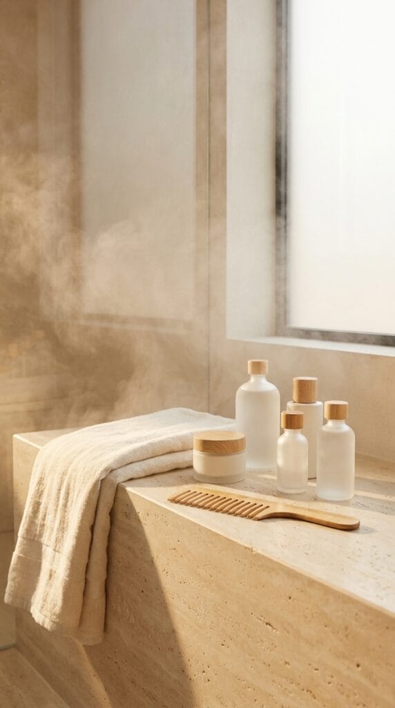 A bright and serene editorial beauty scene of post-shower skin and hair essentials, featuring an elegant arrangement of a lightweight body lotion bottle, leave-in conditioner, scalp treatment jar, wide-tooth comb, and plush folded towel on a creamy stone bathroom ledge, soft steam drifting in the background, fresh dewy atmosphere,