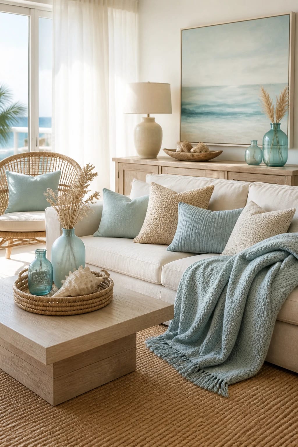 Coastal living room with sea glass blue throw blankets and pillows, white sofa, woven rug, and soft natural textures