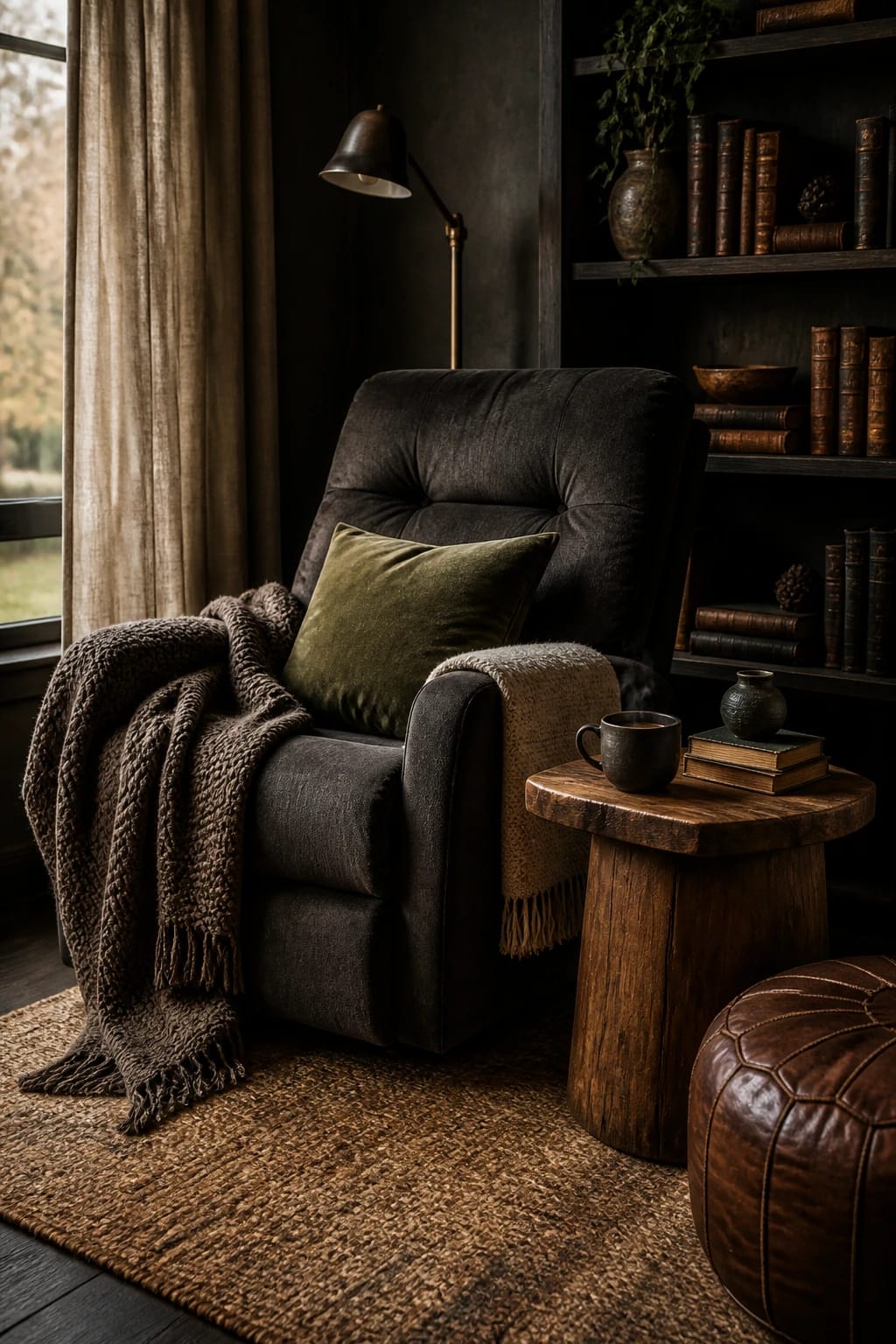 Modern rustic reading nook with a chunky throw blanket, dark wood accents, slate pillows, and warm layered textures