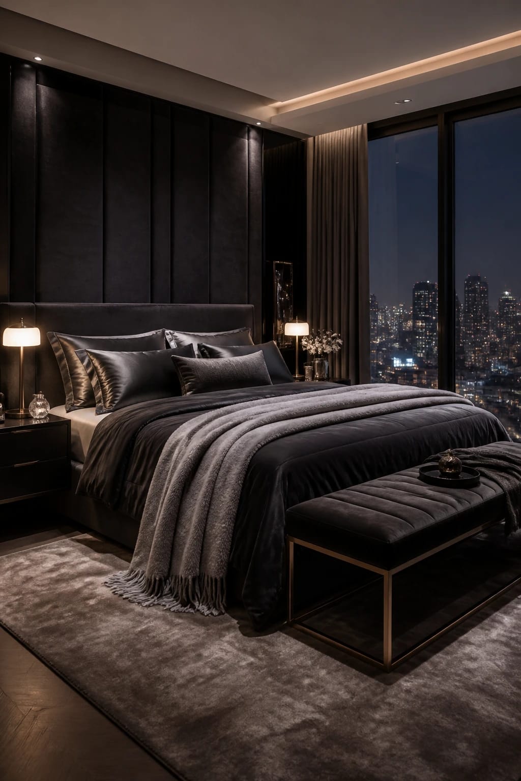 Urban luxe bedroom with velvet throw blankets and pillows, brass accents, plush bedding, and soft hotel-inspired styling