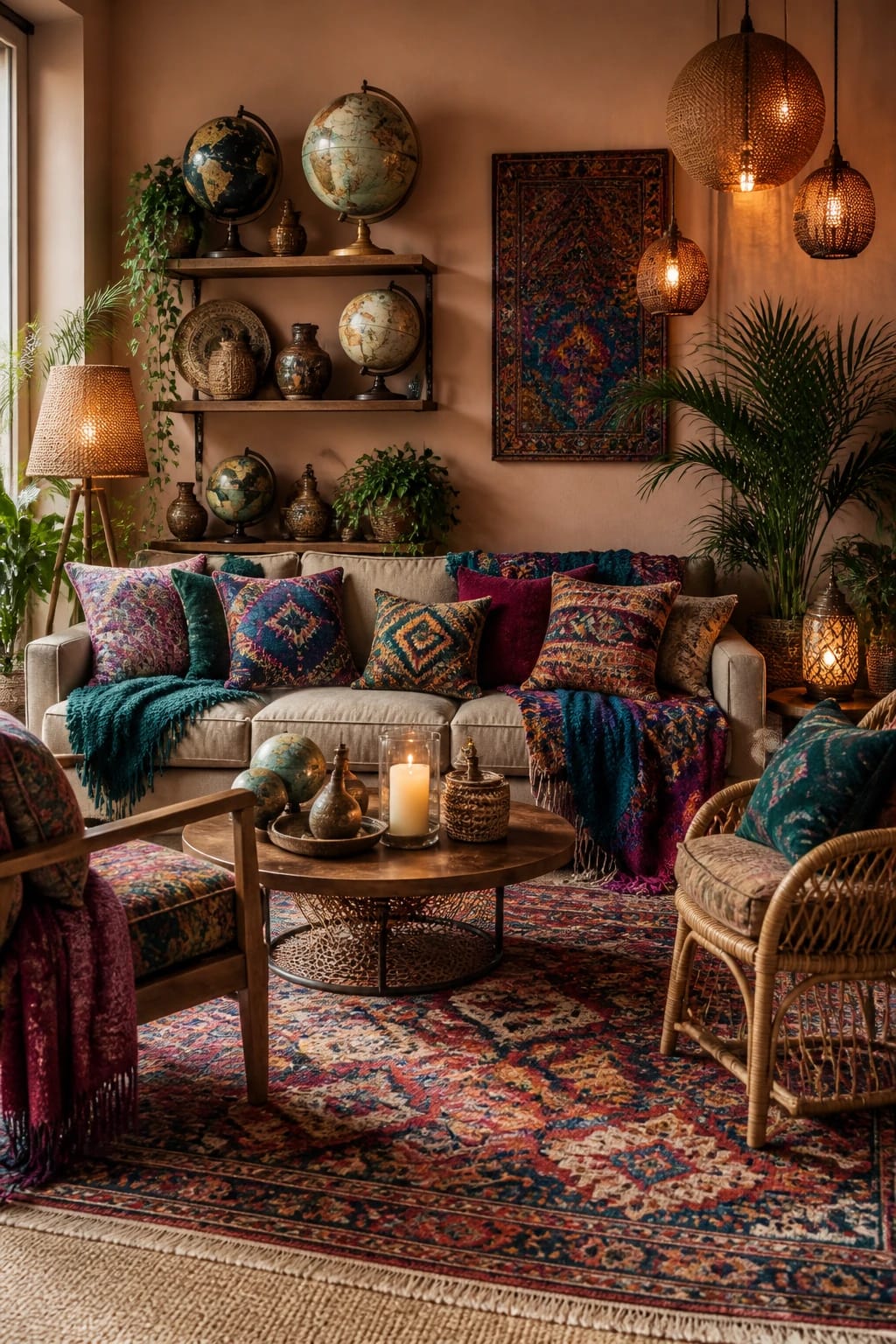 Eclectic boho living room with colorful throw blankets and pillows, global textiles, hanging plants, and a patterned rug