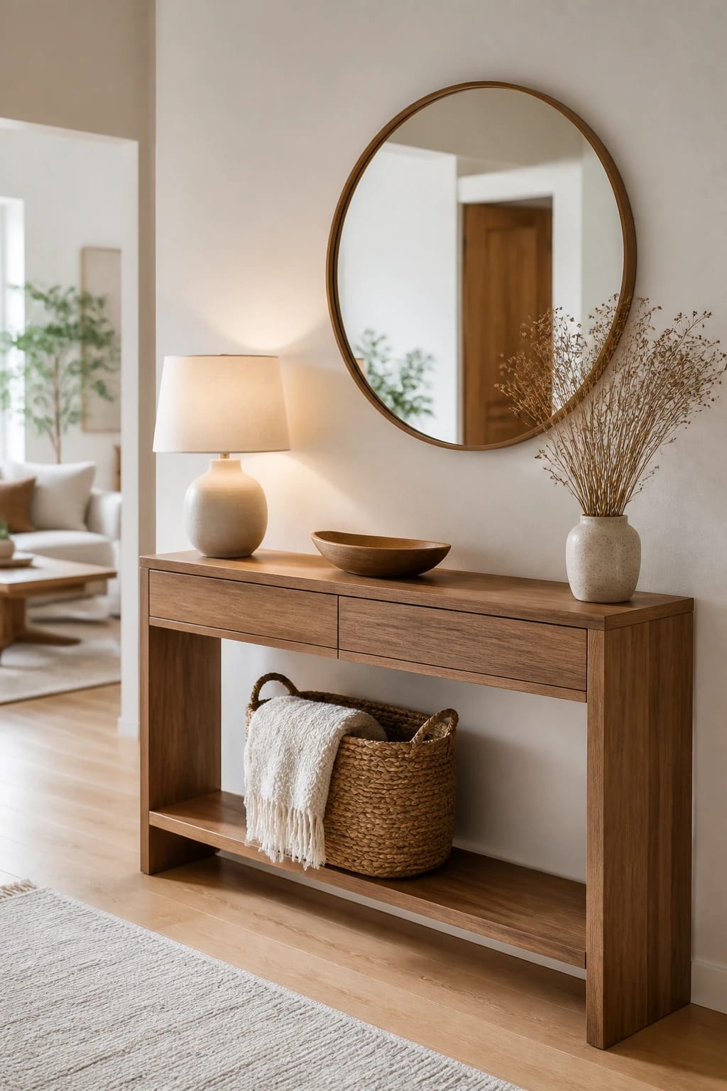 console table decor in a warm Scandinavian entryway with a light walnut console, woven basket, ceramic vase, pale rug, and soft lamp lighting