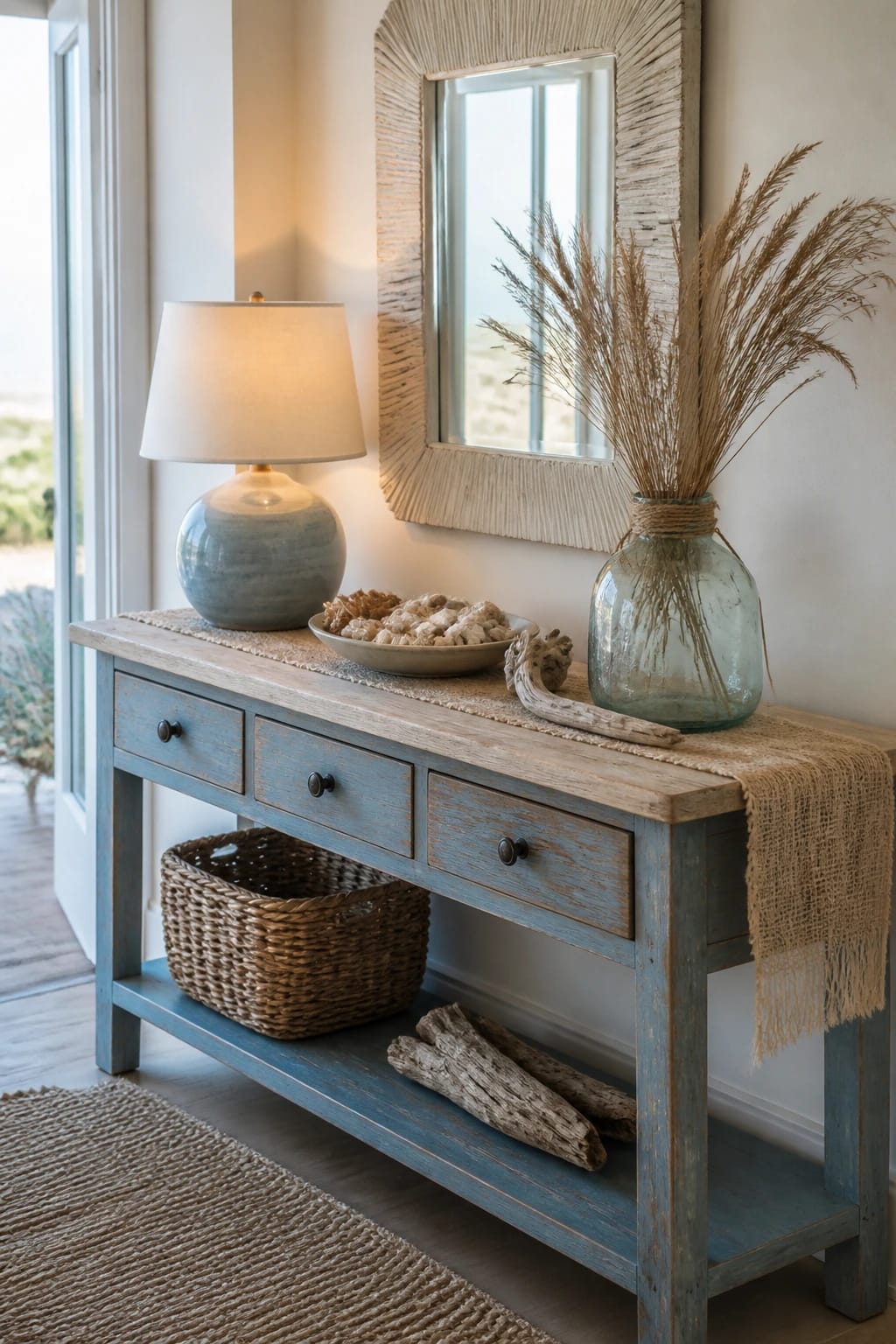 console table decor in a coastal entryway with a weathered blue console, driftwood mirror, linen runner, woven basket, and soft blue-gray accents