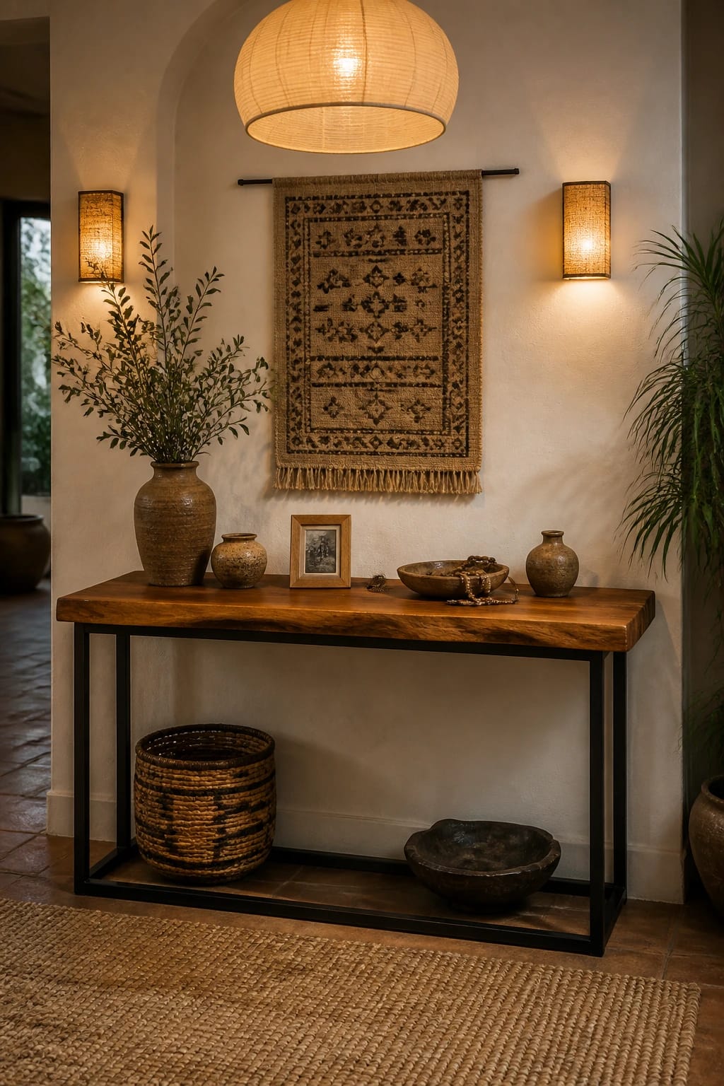 console table decor in an earthy entryway with a wood console, black metal base, sisal rug, art books, clay planter, and woven basket