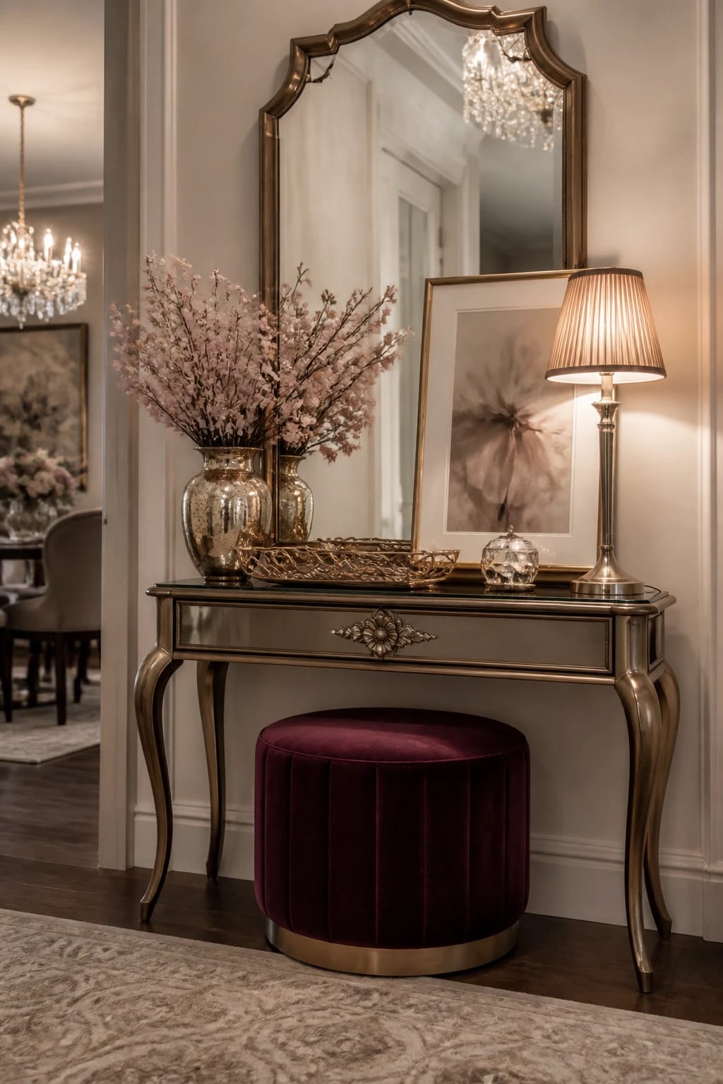 console table decor in a glam vintage foyer with a brass console, velvet stool, candlesticks, ceramic vase, framed photo, and ornate mirror