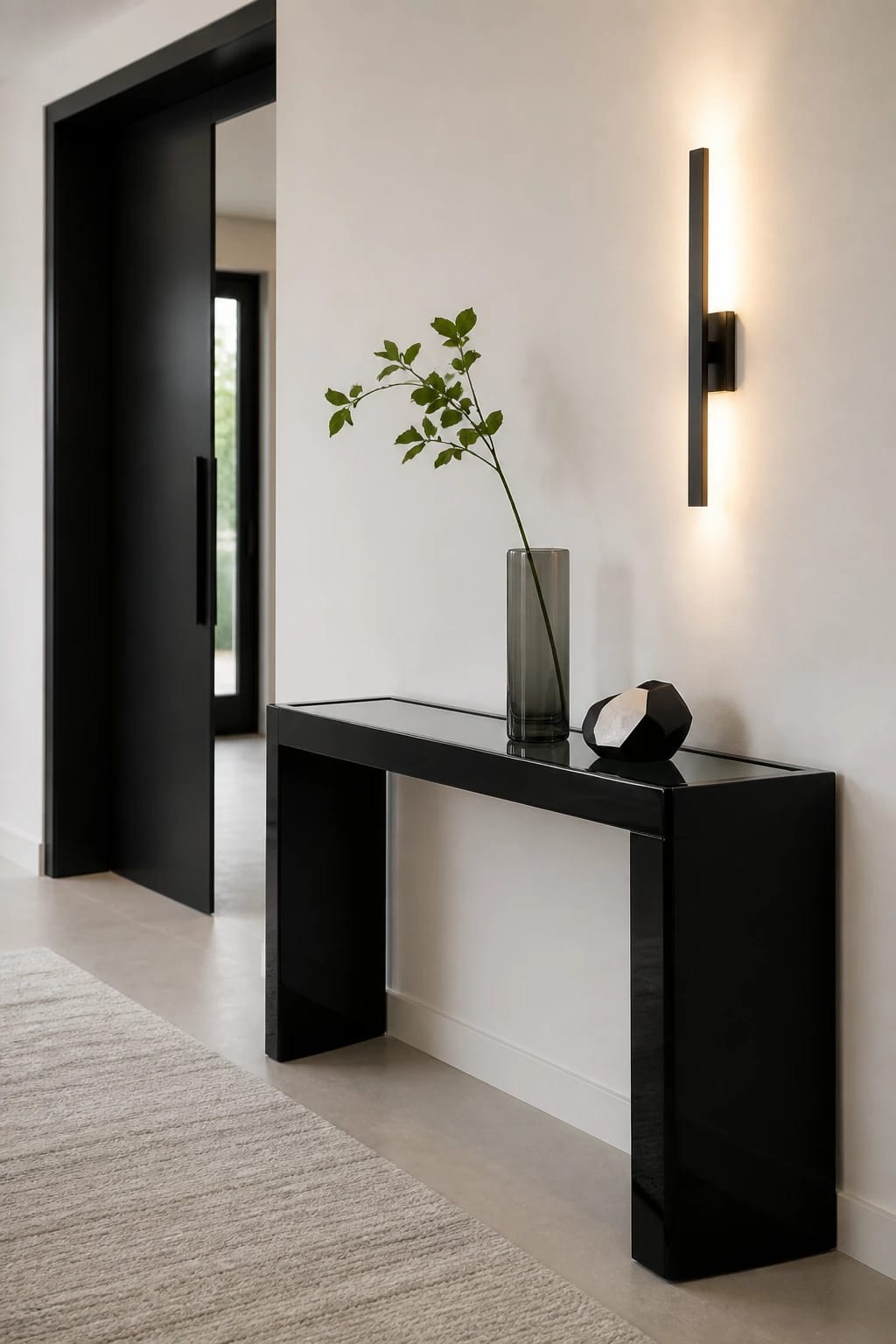 console table decor ideas in a minimalist monochrome entryway with a slim black and white console, sculptural accent, stacked books, tray, and soft lighting