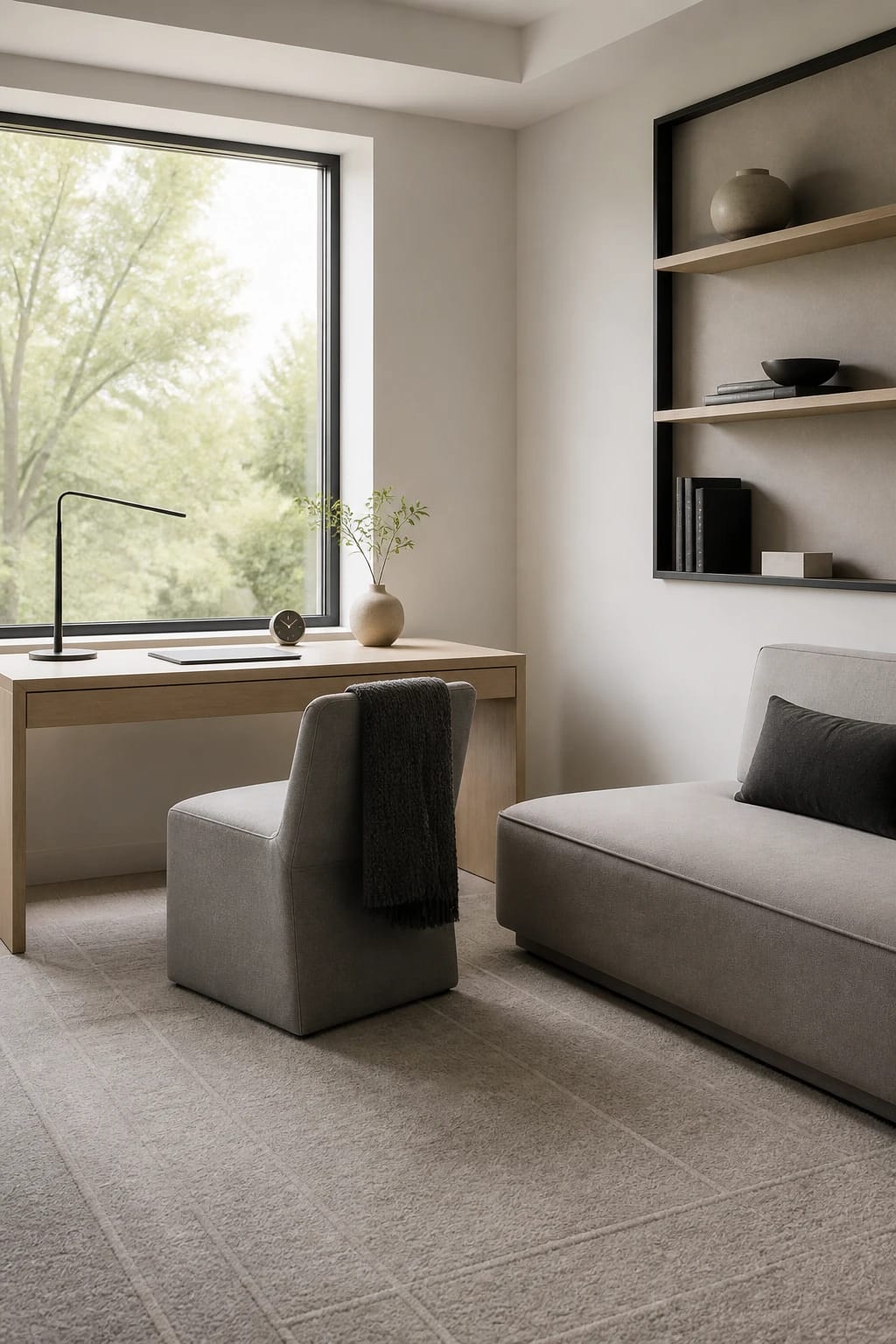 Classic minimalist den with neutral throw blankets and pillows, clean-lined furniture, woven storage, and soft layered texture