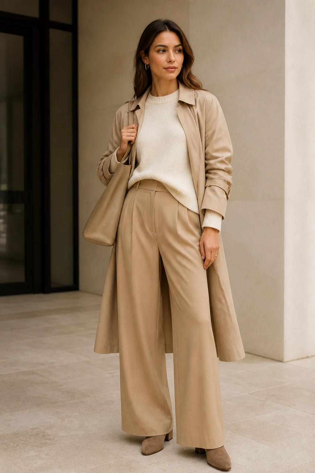 Neutral wardrobe outfit with a cream sweater, sand wide-leg trousers, beige trench coat, tote, and taupe boots