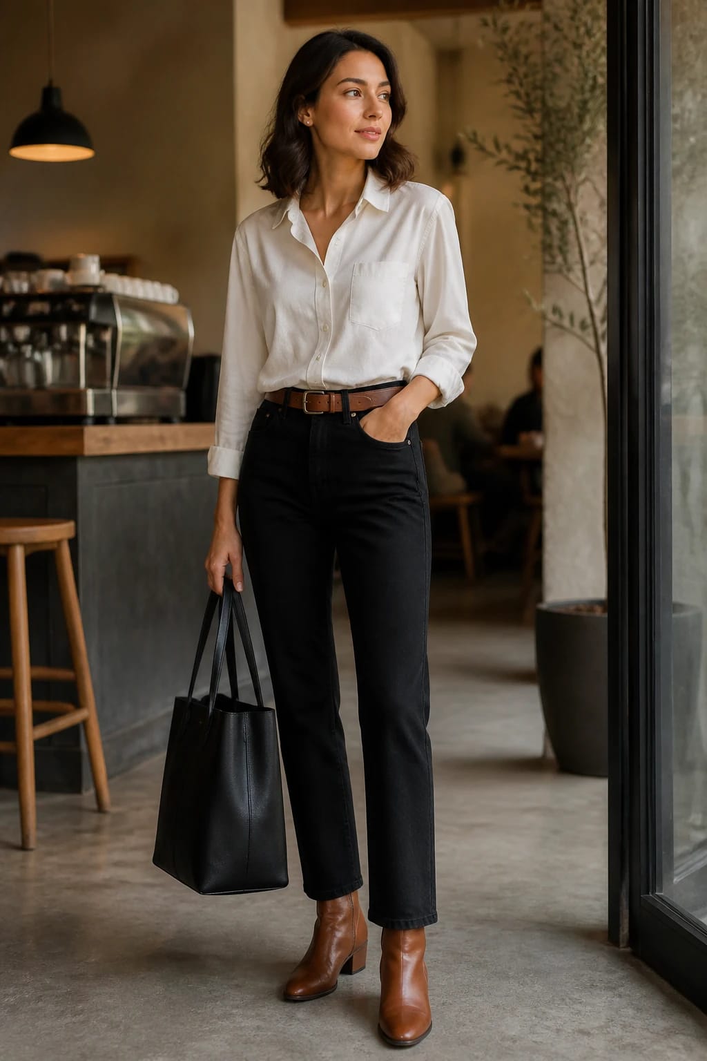 Woman wearing an ivory button-down, black jeans, brown belt and ankle boots, carrying a black tote
