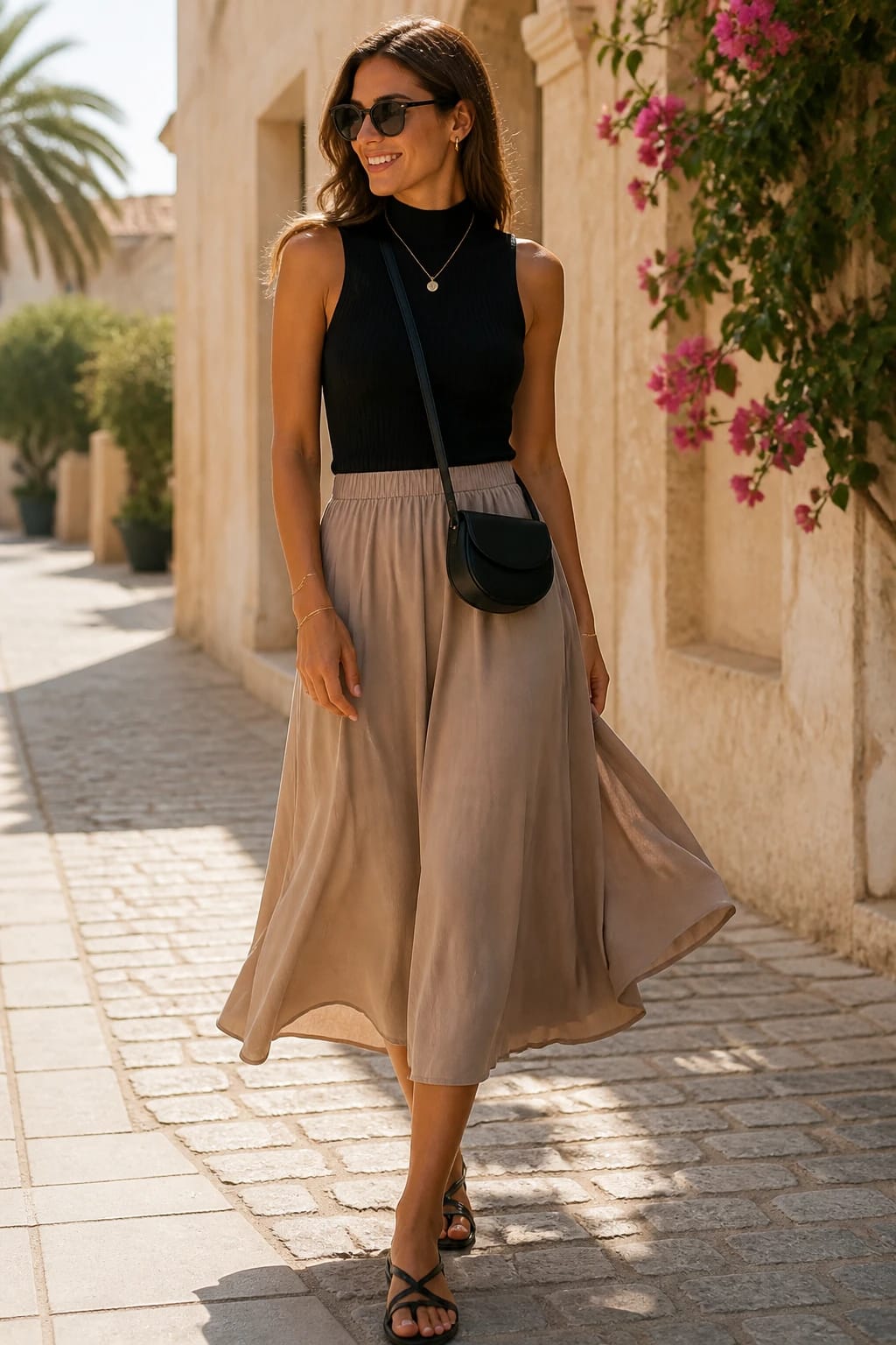 Black sleeveless high-neck top with a flowing taupe midi skirt, black sandals, and a small crossbody bag
