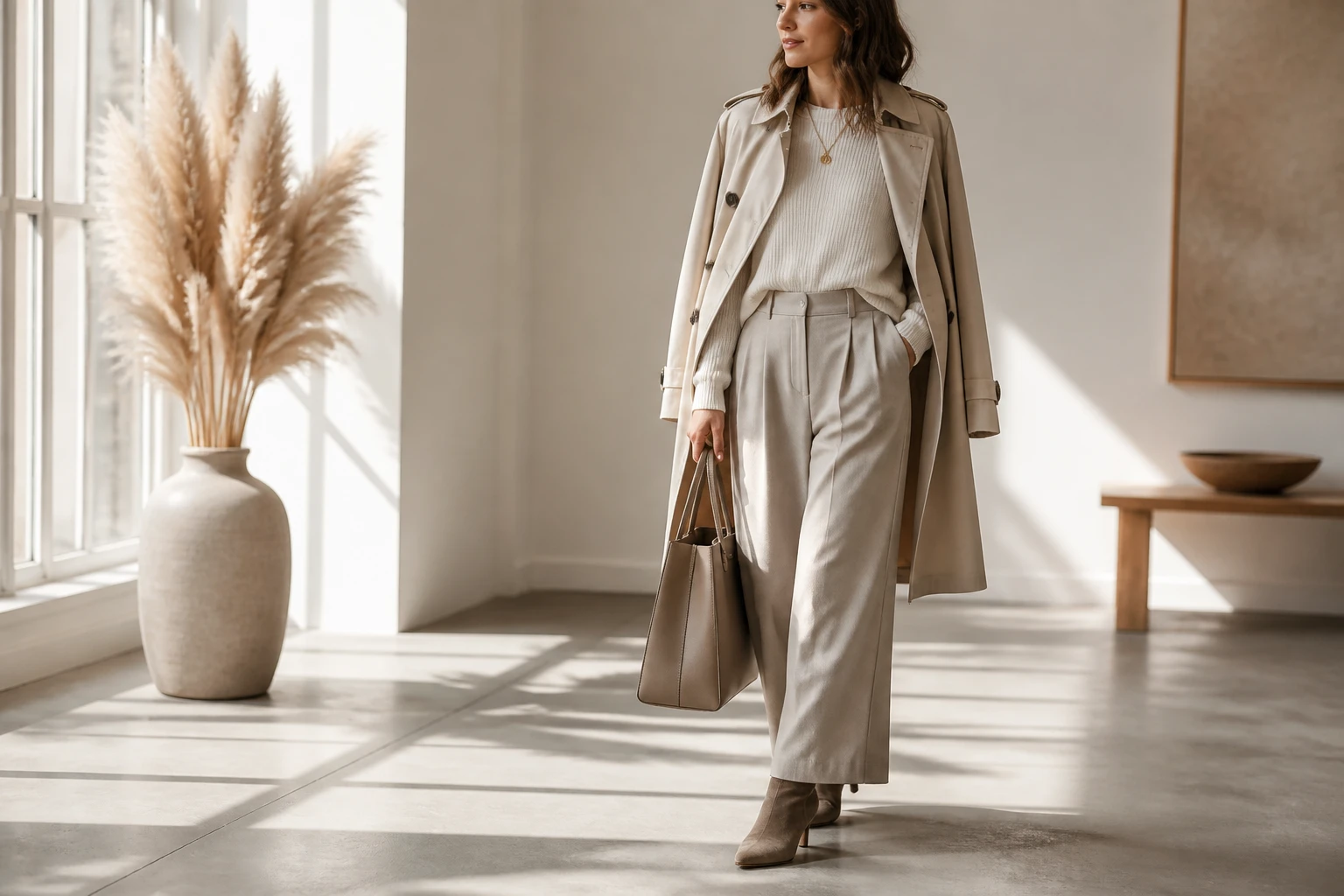 Woman in a neutral wardrobe outfit with an ivory top, taupe trousers, beige trench coat, brown tote, and ankle boots