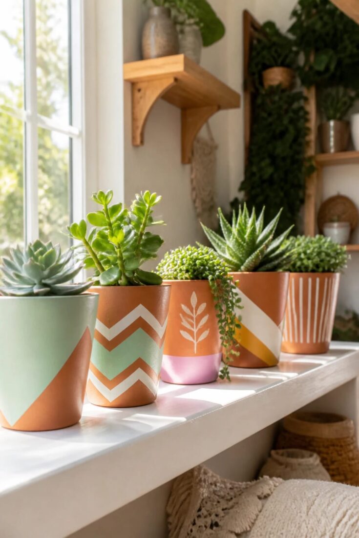 A sunlit, cozy windowsill scene featuring a row of painted terracotta planters as the main subjects. The pots are clean and smooth with a fresh, modern color palette: soft terracotta base with bright pastel accents and geometric patterns created using painter’s tape and subtle stencils. Include varied designs like color-block sections, chevrons, and simple botanical motifs. The pots are filled with lush green succulents and small trailing plants, with light catching the glossy acrylic paint finish. The background shows a bright, airy room with natural wood shelves, a hint of a leafy plant wall, and warm neutral decor to emphasize a maker-home glow. The lighting is natural and soft, highlighting textures of the terracotta, painted patterns, and the glossy sealant.