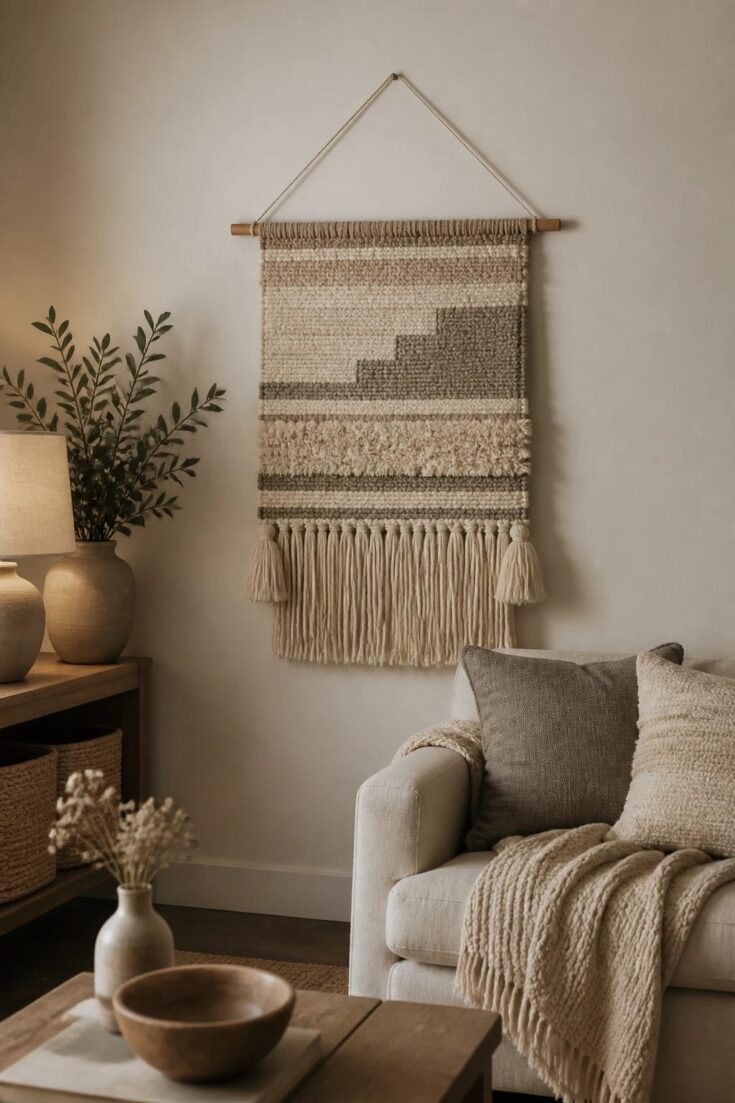 cozy interior featuring a soft fabric wall hanging as the main subject. The wall hanging should use calming neutral tones (creams, beiges, soft grays) with subtle texture variations—woven fabric, a gentle pattern, and optional delicate tassels. It is mounted on a natural wooden dowel with cotton cord hanging from a wall, styled in a living room or bedroom setting. The surrounding décor should be warm and inviting, with soft lighting, a neutral wall color, a plush throw or cushions nearby, and a simple, uncluttered space that ties the hanging into the room palette by repeating a color from the textile. Emphasize a cozy focal point that adds warmth and texture without overwhelming the wall, with attention to realistic textures of fabric, wood, and subtle shadows for depth. No text or logos in the scene.