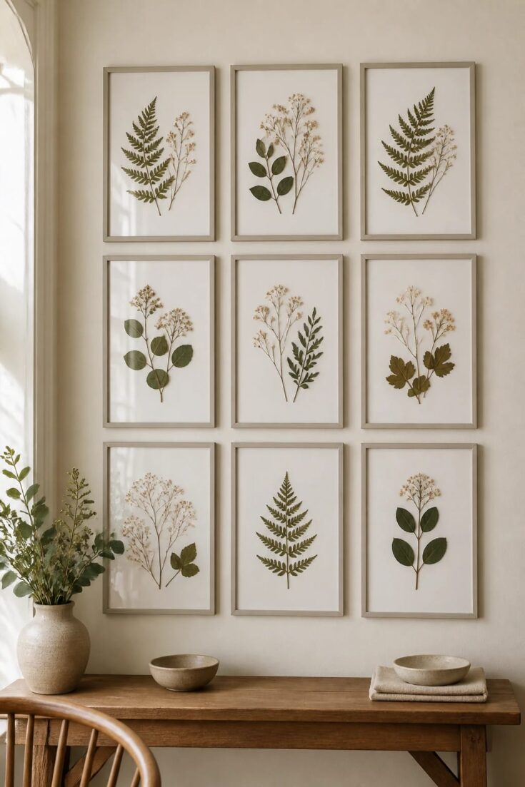 A high-resolution, photorealistic interior scene showcasing a minimal botanical frames gallery. The main subject is a cohesive display of slim, matte-finish frames neatly arranged in a tight grid on a clean wall, each frame containing pressed greenery and tiny dried flowers mounted on acid-free paper. The frames are lightweight and have neutral tones (soft gray, beige, or white) to create a refined, nature-inspired look. The gallery is styled for a hallway or dining nook with soft, natural lighting that highlights the delicate botanicals and the glassy, glare-free frames. The surrounding wall is a light, warm neutral color, with a small, tasteful console or bench beneath for context. Clear attention to texture: the pressed botanicals show fine details of leaves and petals, the paper has a smooth, flat finish, and the frames have a matte coating. The overall composition should feel polished, minimal, and adaptable to small spaces, suitable for a tight grid arrangement or a freeform cluster. No text appears in the image.