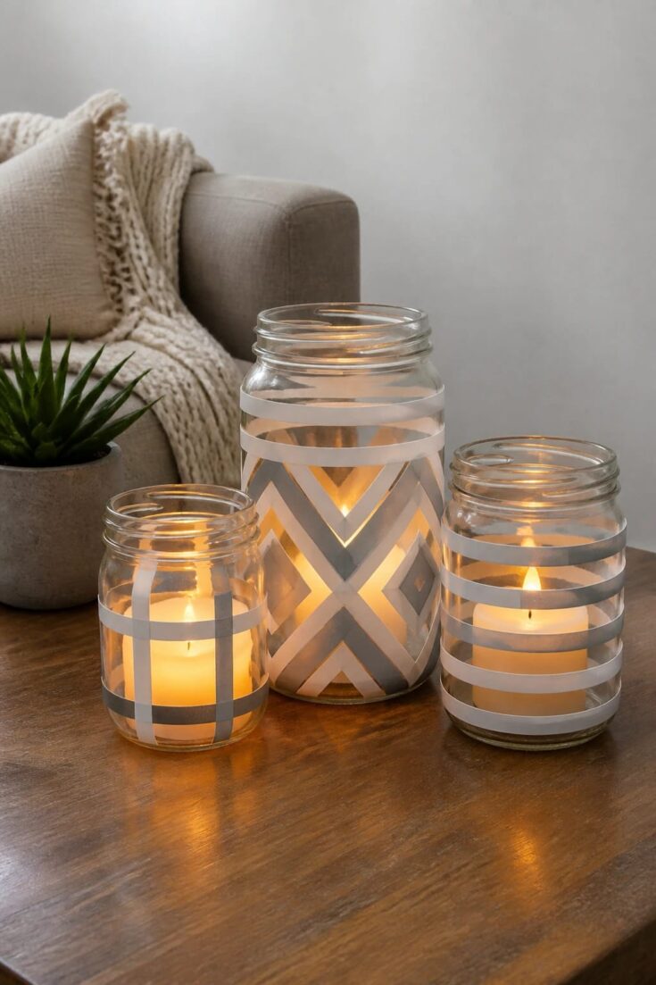 a stylish minimalist living room centerpiece featuring three glass jars of varying sizes on a clean wooden coffee table. Each jar is wrapped with precise geometric tape patterns in matte white and soft gray tones, creating crisp lines against the clear glass. The jars contain warm amber candles (one LED candle insert visible in another) that glow softly, casting diffuse ambient light and subtle reflections on the table. Surrounding decor is minimal: a neutral-toned throw blanket draped over a nearby sofa, a small potted succulent, and a plain, light-colored wall in the background. The scene emphasizes clean lines, contemporary aesthetics, and a cozy glow suitable for a coffee table or mantel. No text included.