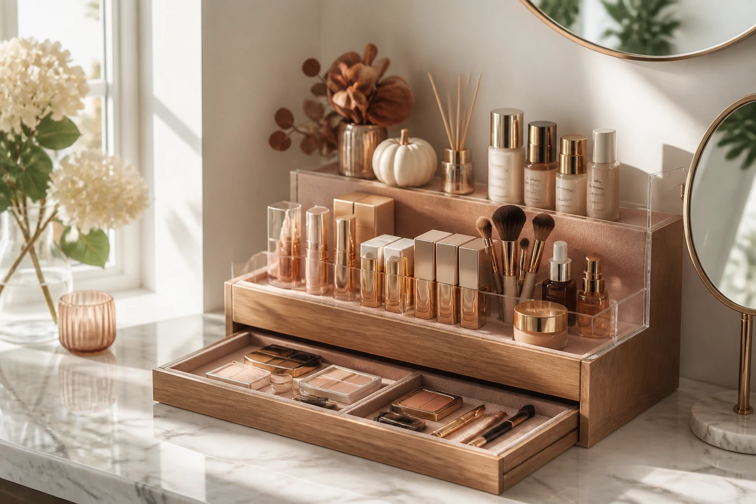 Easy Vanity Organization Ideas for a Pretty Beauty Setup- Pretty vanity with tiered makeup storage, tray styling, mirror, and soft beauty accents