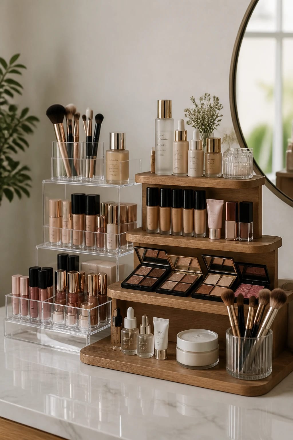 Vanity organization ideas with a tiered organizer for makeup, brushes, and skincare