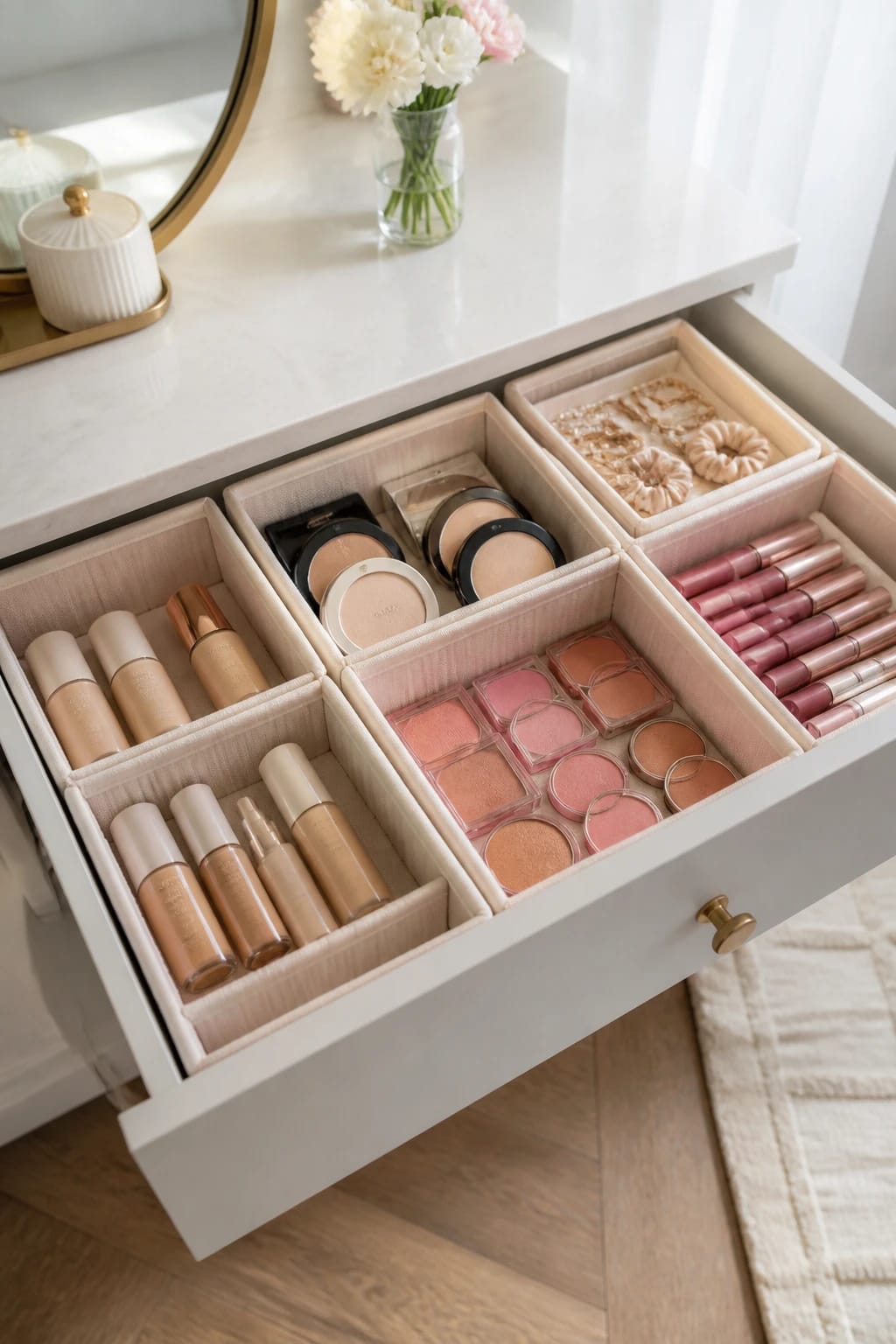 Vanity drawer with soft liners, adjustable dividers, and neatly sorted makeup products