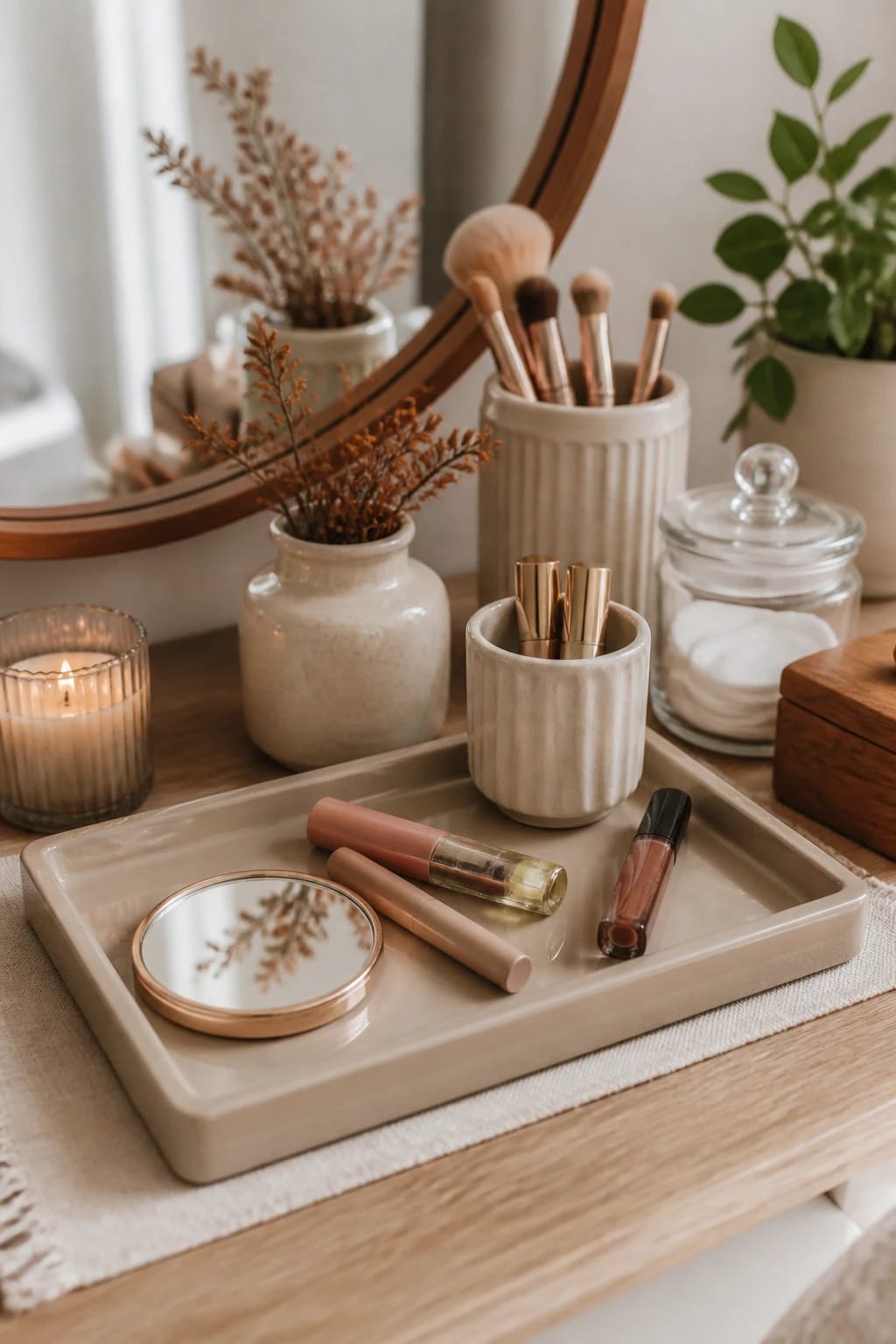 Neutral vanity tray with daily beauty essentials, candle, and matching organizers