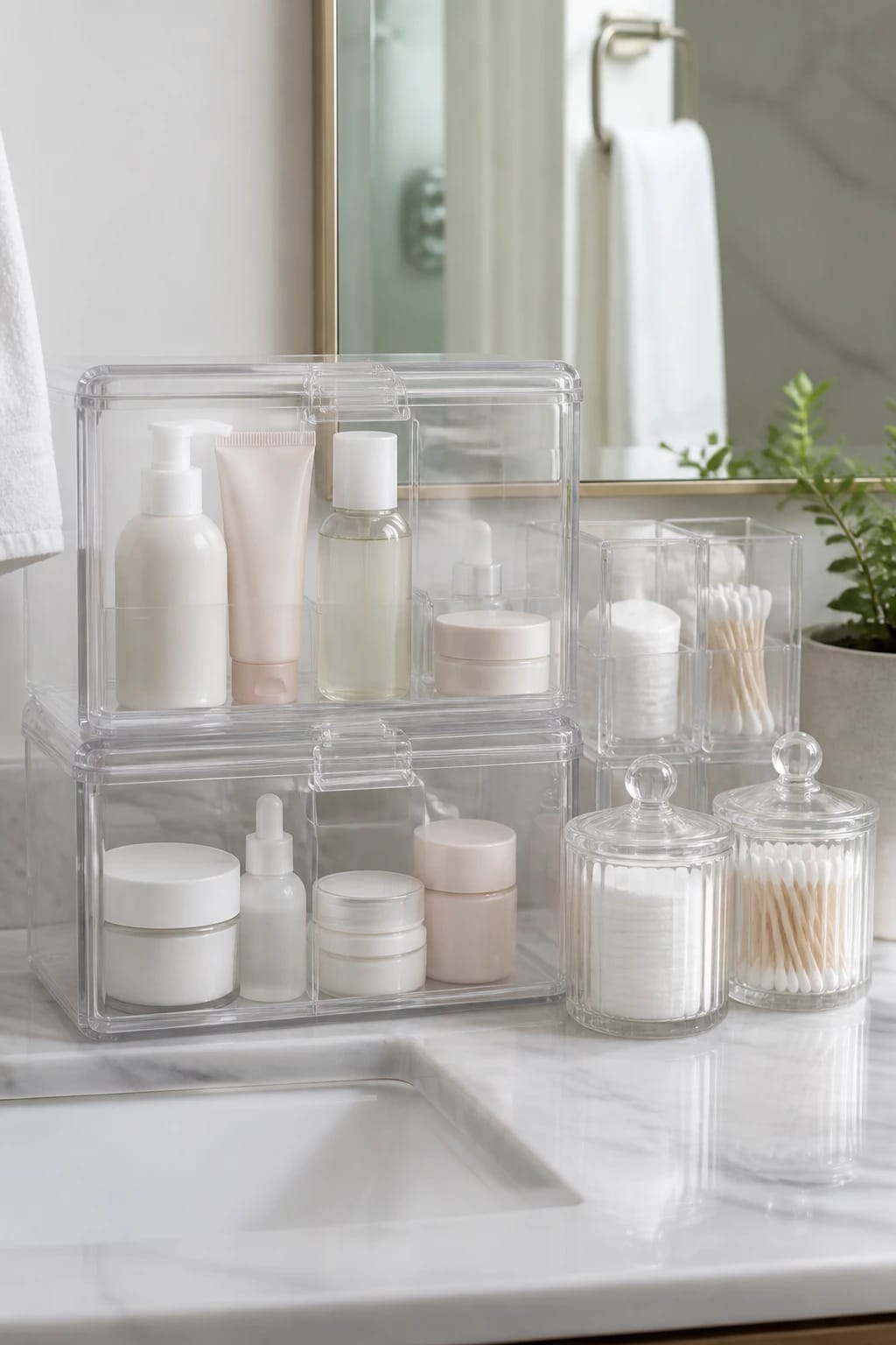 Clear skincare organizers with stacked containers, labeled products, and glass jars