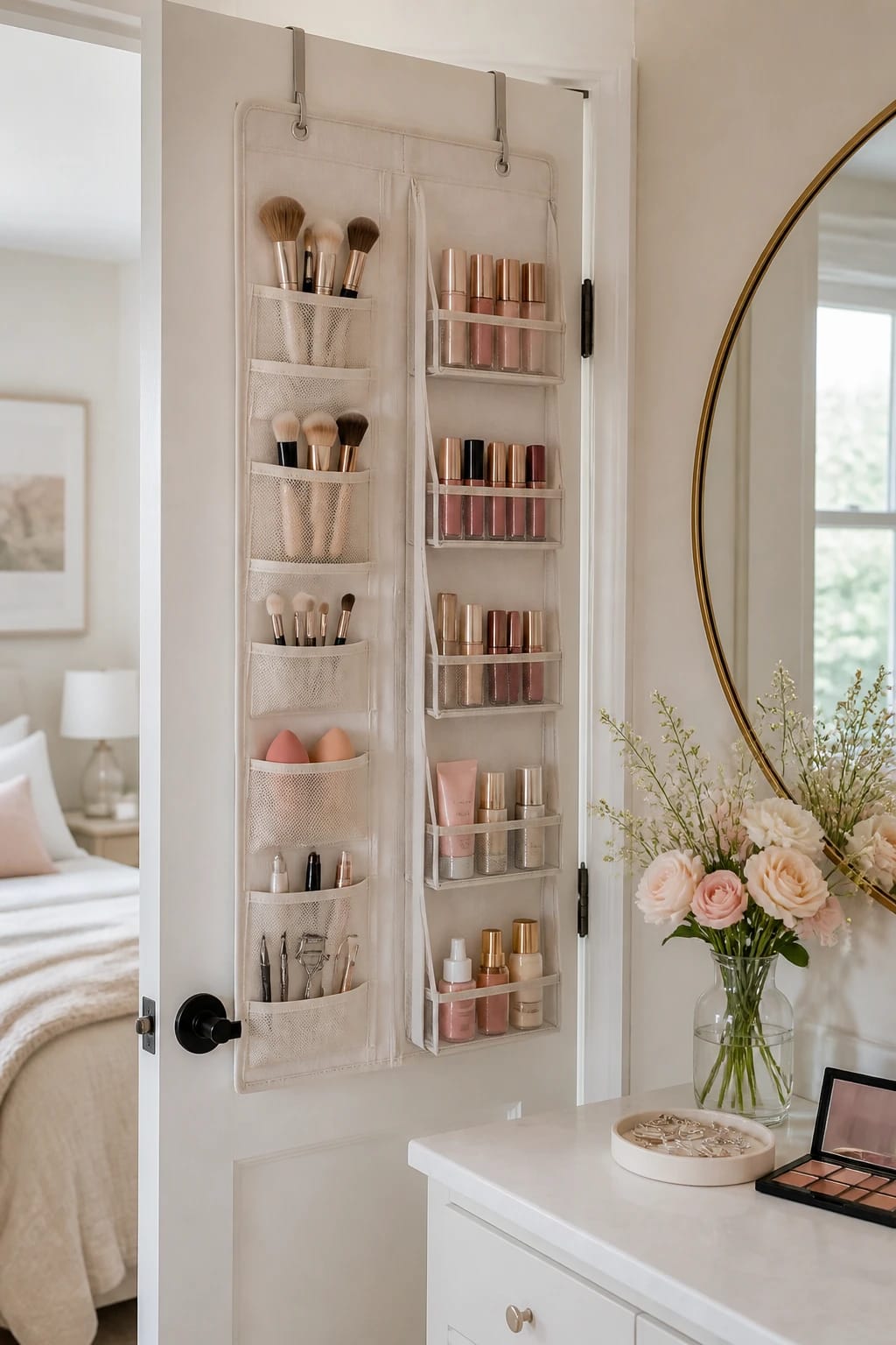 Slim over-the-door organizer holding brushes, lip products, and travel-size beauty items