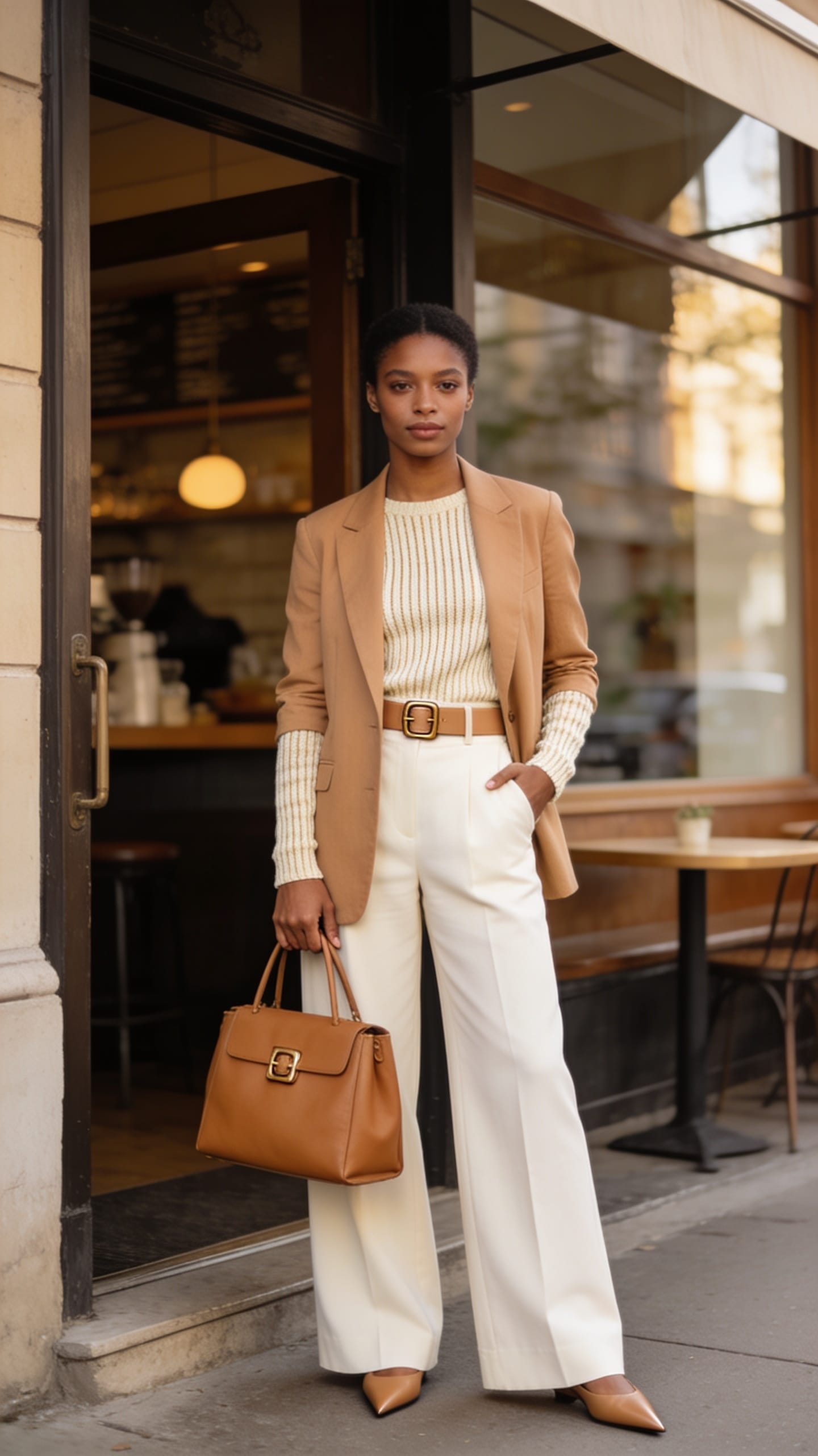 Beige blazer with cream knit top and wide-leg white trousers, styled with a tan belt and handbag