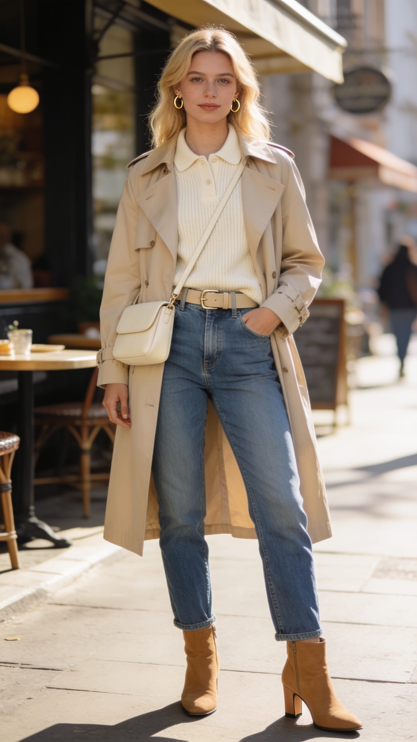 Beige trench coat over a cream sweater and jeans with tan ankle boots and a crossbody bag