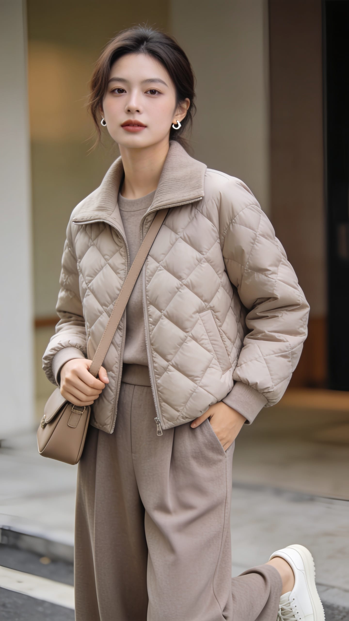 Neutral quilted jacket with matching wide-leg pants and a crossbody bag