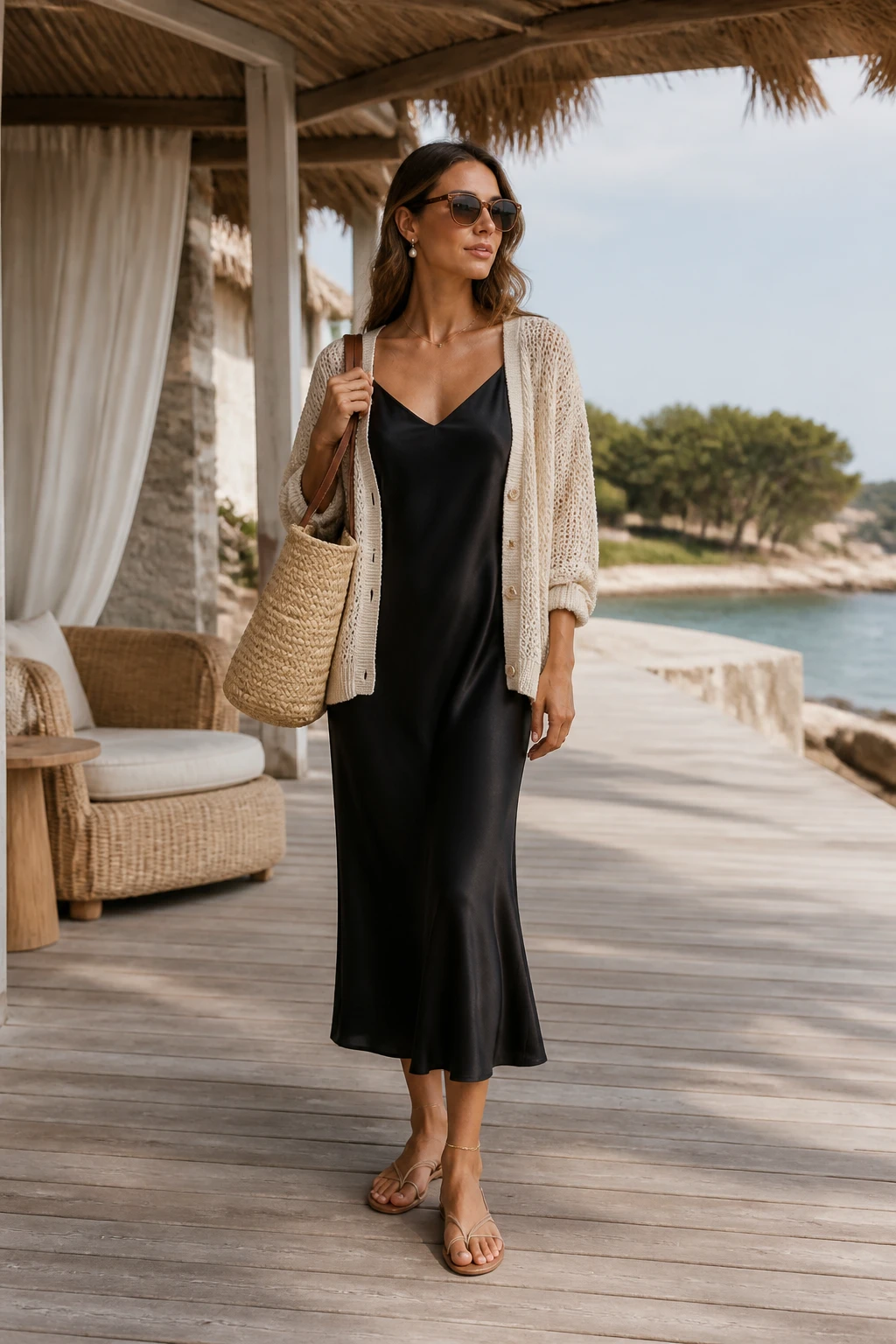 Black slip dress vacation outfit with a cream cardigan, flat sandals, and a woven tote. showcasing Black Dress Outfit Ideas