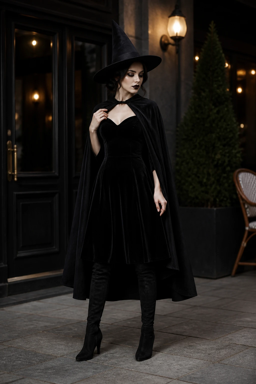 Modern witch Halloween outfit with black dress, pointed hat, boots and smoky makeup