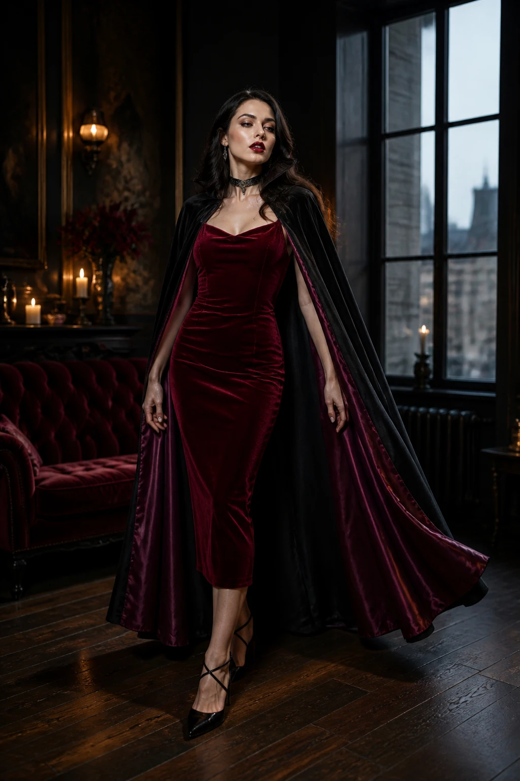 Chic vampire Halloween outfit with burgundy dress, black cape and red lipstick