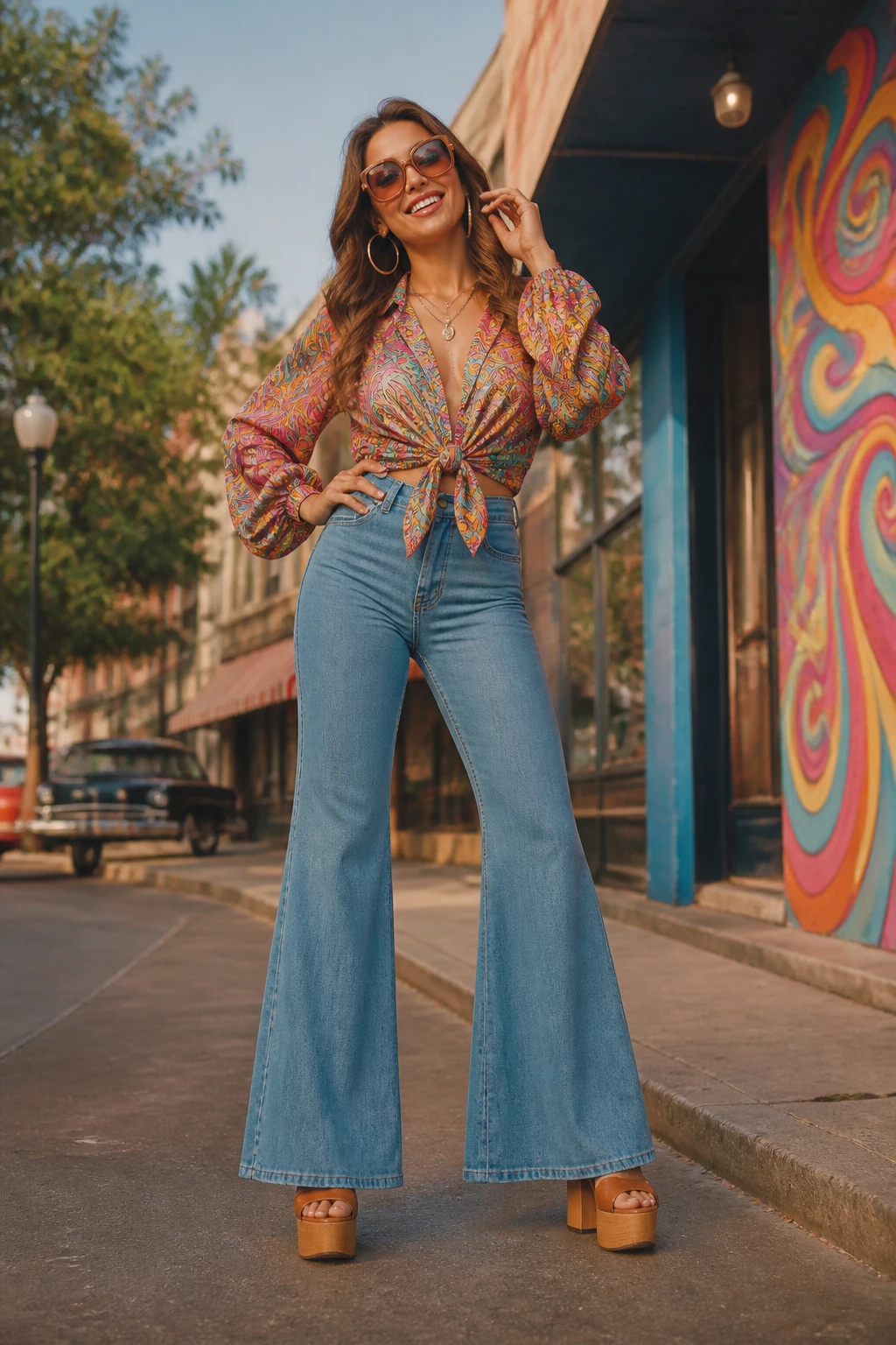 Groovy 70s Halloween outfit with flare jeans, psychedelic top and platform shoes