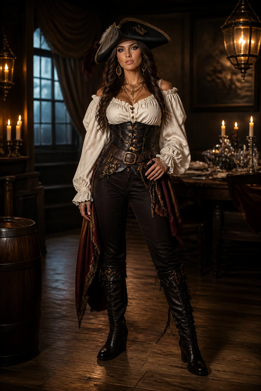Glam pirate Halloween outfit with corset, puff sleeve blouse, pirate hat and boots