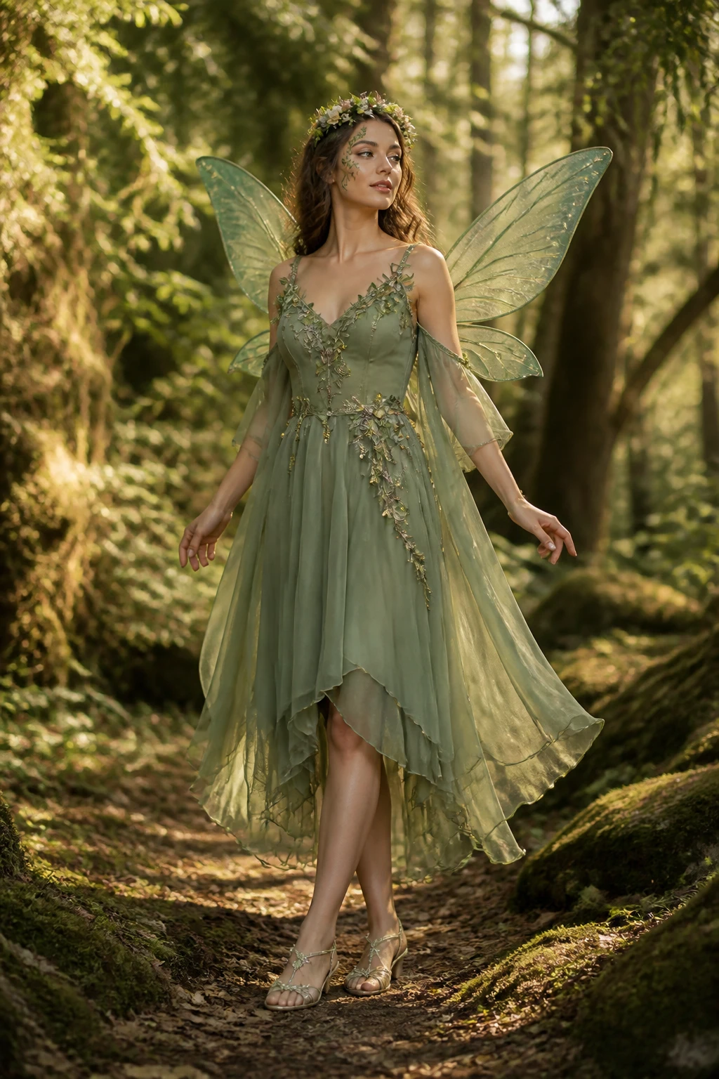 Woodland fairy Halloween outfit with green dress, fairy wings and floral crown