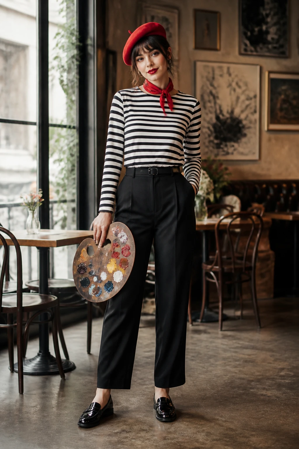 French artist Halloween outfit with striped top, red beret, artist palette and loafers
