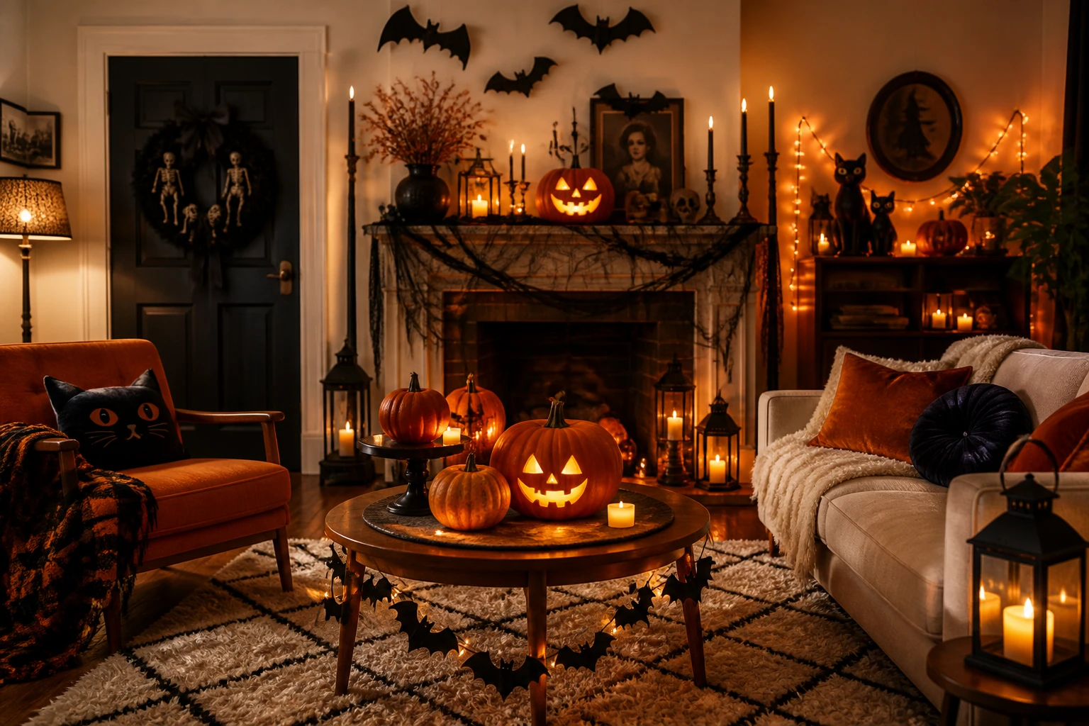 10 Halloween Decorations &amp; Decorating Ideas: Spooky Indoor Living Room with Bats, Candles &amp; Pumpkins; Halloween Front Door with Black Wreath, Skeletons &amp; Lanterns; Outdoor Halloween Porch with Jack-O&rsquo;-Lanterns, Spiderwebs &amp; Witch Decor; Halloween Yard with Glowing Ghosts, Tombstones &amp; Skeletons; Halloween Party Decor with Black &amp; Orange Balloons, Bats &amp; Candlelight; Retro Halloween Decorations with Vintage Black Cats, Paper Pumpkins &amp; Orange Lights; Creepy Fireplace Mantel with Black Candles, Cobwebs, Bats &amp; Antique Frames; Haunted Entryway with Floating Witch Hats, Lanterns &amp; Spooky Mirror; Halloween Table Decor with Black Candles, Mini Pumpkins &amp; Gothic Place Settings; Halloween Kitchen with Witchy Apothecary Jars, Black Candles, Mini Pumpkins, Bats &amp; Spooky Baking Decor