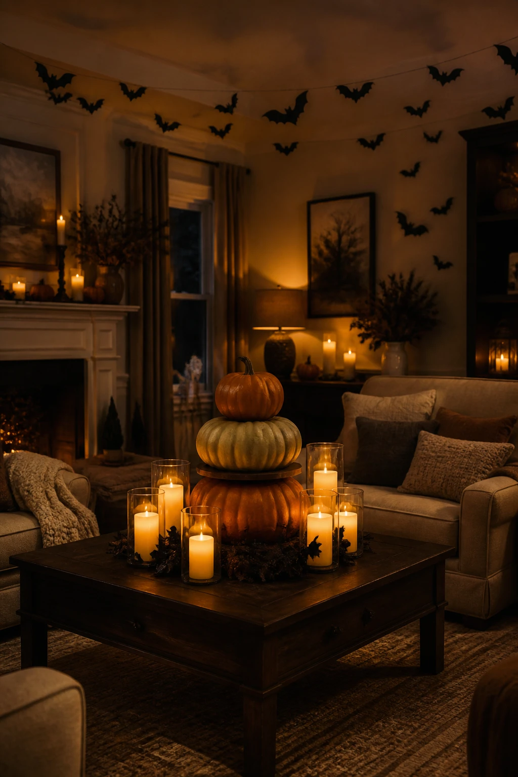 A spooky indoor living room scene featuring a tiered pumpkin centerpiece on the coffee table at varying heights, battery-operated candles in glass cylinders surrounding them, and lightweight bat silhouettes clipped to the walls and a translucent string near the ceiling; warm amber lighting, plush neutral seating, dark wood coffee table, and soft, moody shadows to create a haunted yet inviting family space. Halloween decorating ideas with spooky living room decor, porch pumpkins, candlelight, bats, and festive party details