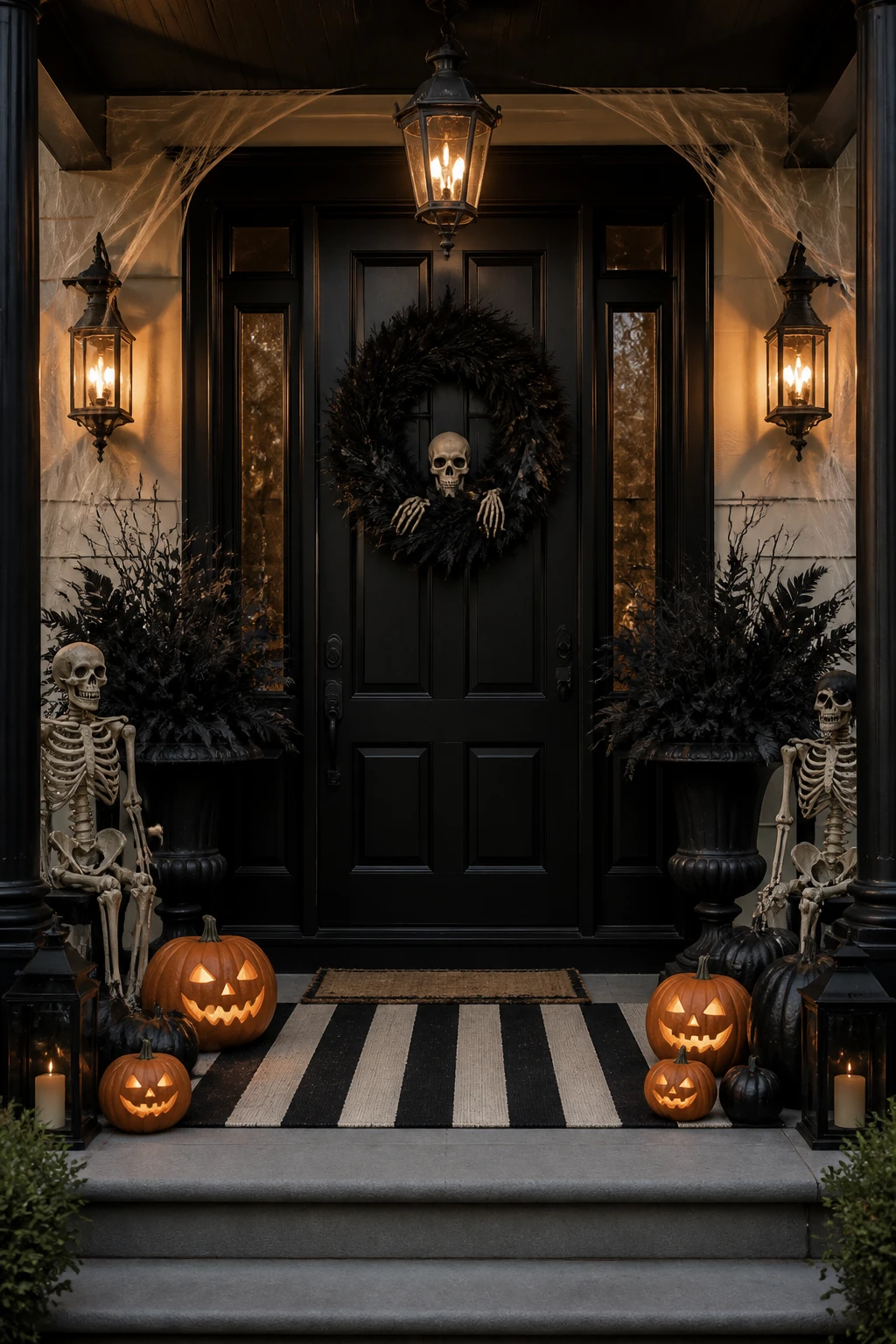 A Halloween front door entry with a black wreath, skeletal accents, and lanterns flanking the doorway; a softly lit porch with carved jack-o&rsquo;-lanterns on the step, spiderwebs in the corners, and a vintage lantern casting warm glow on black painted doors; urn planters with dark foliage and a striped porch rug set the scene. medium-wide environmental home decor photograph showing the complete styled scene