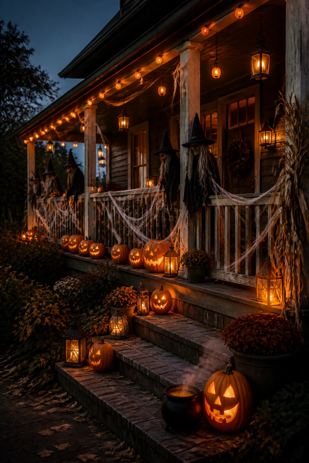 An outdoor Halloween porch featuring a row of jack-o&rsquo;-lanterns, witch decor perched along the railing, and cobwebs stretched between columns; lanterns and string lights provide twilight warmth, while a carved pumpkin lantern and a small cauldron create a festive, slightly eerie mood; rustic wood porch, brick steps, and a dark evening sky. medium-wide environmental outdoor decor photograph showing the complete styled scene