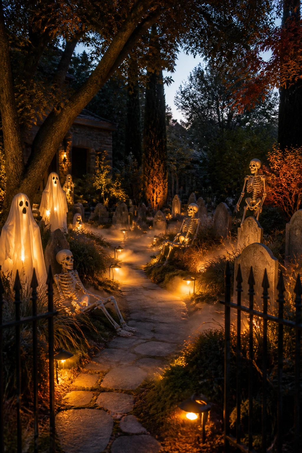 A Halloween yard at dusk with glowing ghost lawn figures, a mini cemetery of tombstones, and skeletons posed among ornamental grasses; soft ground lighting highlights the figures, faux moss, and a curling low-hanging fog effect; a wrought iron fence and mature trees frame the eerie stroll path with a subtle orange glow. medium-wide environmental outdoor decor photograph showing the complete styled scene