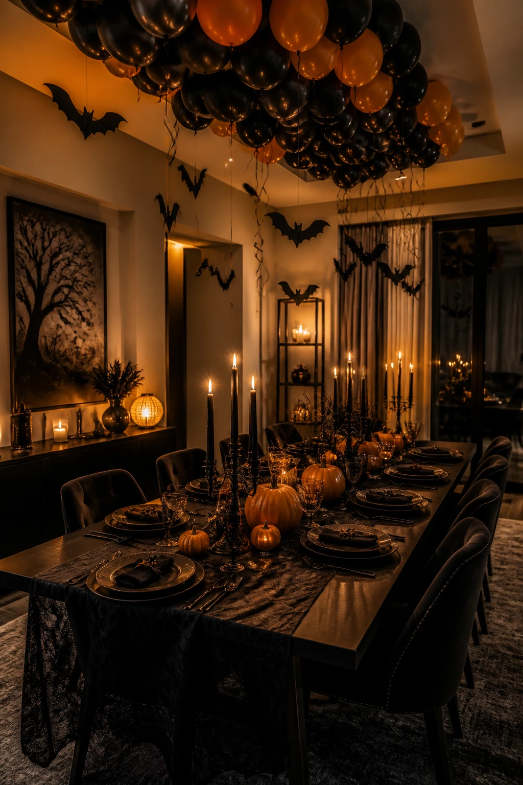 A Halloween party decor dining area with black and orange balloons overhead, bat garlands and candlelight on a long dining table; Gothic place settings with dark linens, candlesticks, and miniature pumpkins arranged along the centerpiece; warm tungsten lighting creates a festive yet mysterious atmosphere in a modern dining room. medium-wide environmental home decor photograph showing the complete styled scene