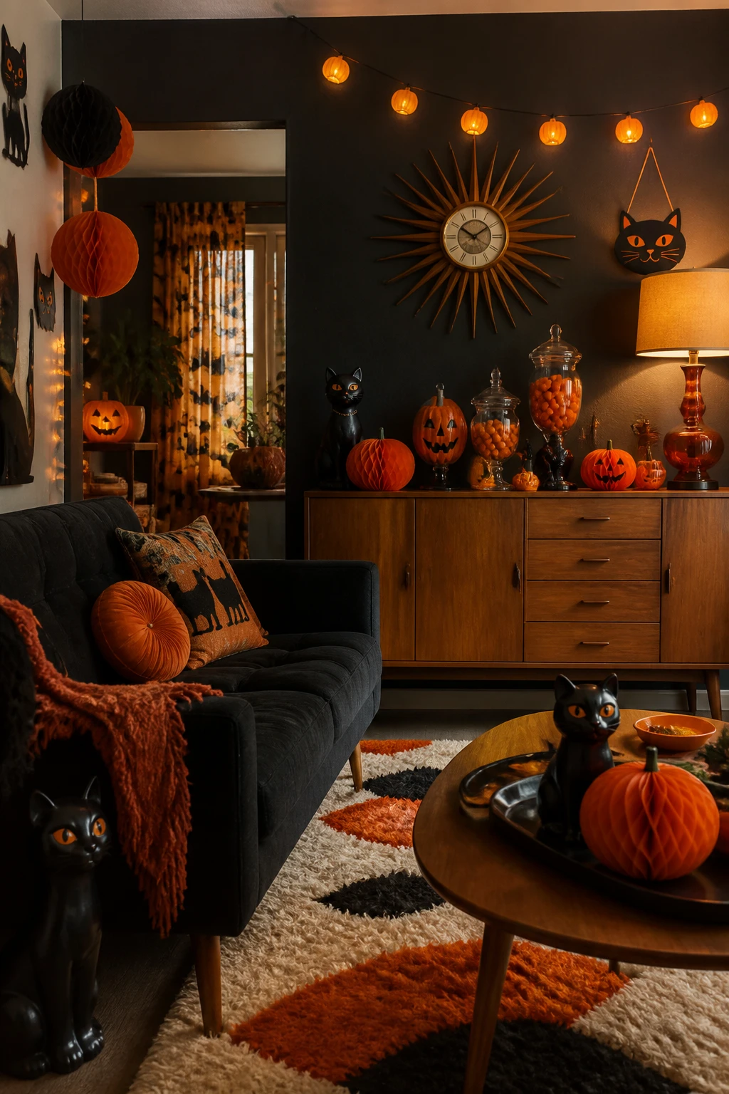 A retro Halloween living room inspired scene featuring vintage black cats, paper pumpkins, and orange string lights; a mid-century sofa in deep charcoal with a shag rug, a sideboard displaying apothecary jars, and a confetti of orange accents; moody ambient lighting and nostalgic textures provide a whimsical retro vibe. medium-wide environmental home decor photograph showing the complete styled scene