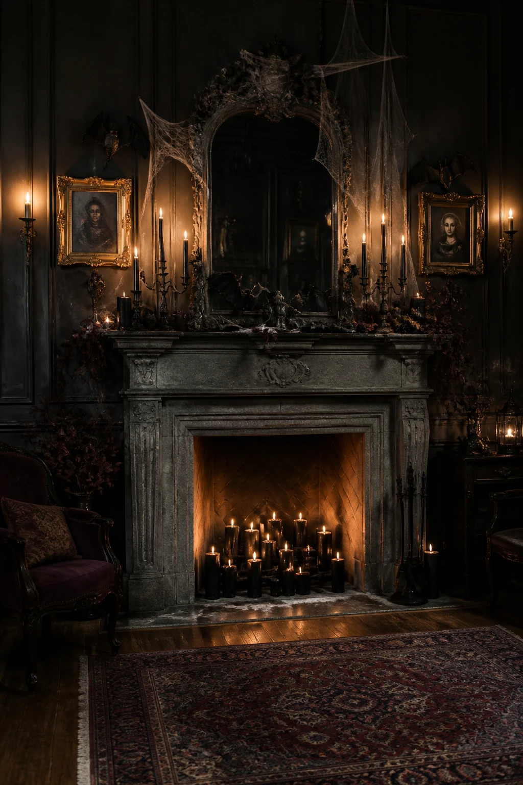 A Creepy fireplace mantel setup with black candles, delicately cobwebbed textures, bats perched along the mantle, and antique picture frames; dark paneled walls, a subtle glow from candles, and a mirrored surface reflecting the scene; a sturdy stone fireplace as a focal anchor completed with warm, inviting shadows. medium-wide environmental home decor photograph showing the complete styled scene