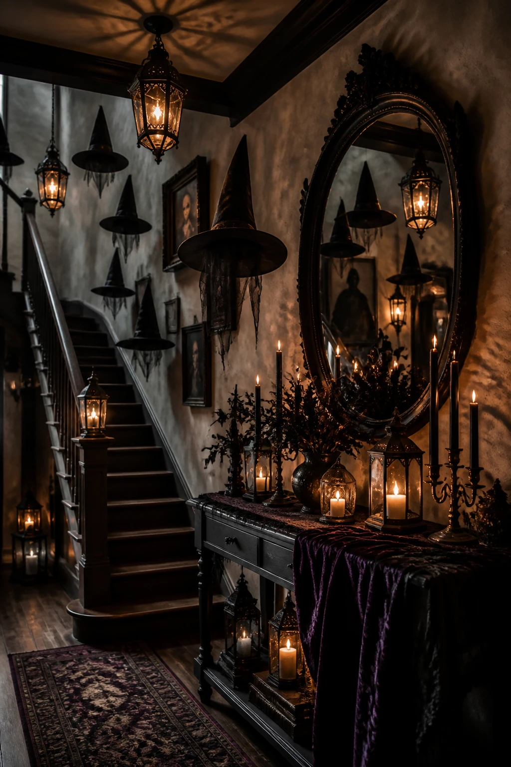 A haunted entryway featuring floating witch hats, lanterns casting warm amber light, and a spooky mirror reflecting the hats and silhouettes; a console table with black candlesticks, velvet drapery, and a textured runner; moody lighting, tight shadows, and a sense of ascent into a mysterious foyer. medium-wide environmental home decor photograph showing the complete styled scene